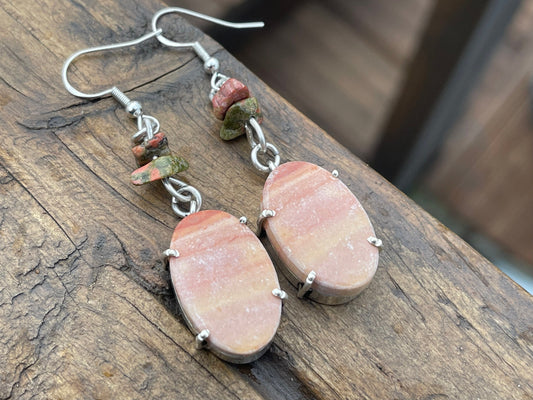 Mookaite earrings, pink gemstone earrings. Recycled sterling silver earrings, pink boho earrings, handmade earrings, ethical jewellery.