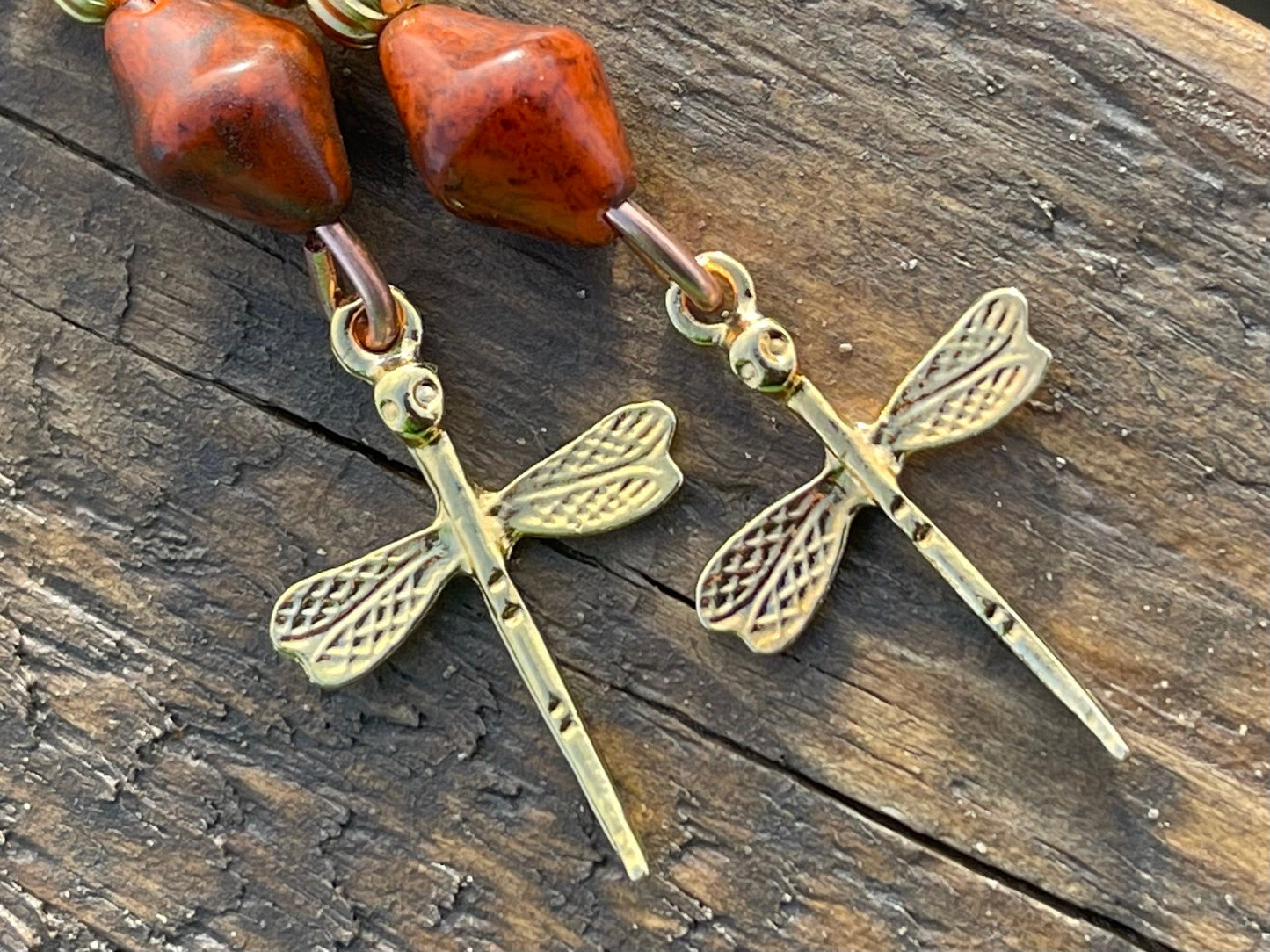 Dragonfly earrings, unique earrings, ethical jewellery, unusual boho jewellery, gold handmade earrings, boho earrings, dragonfly jewellery