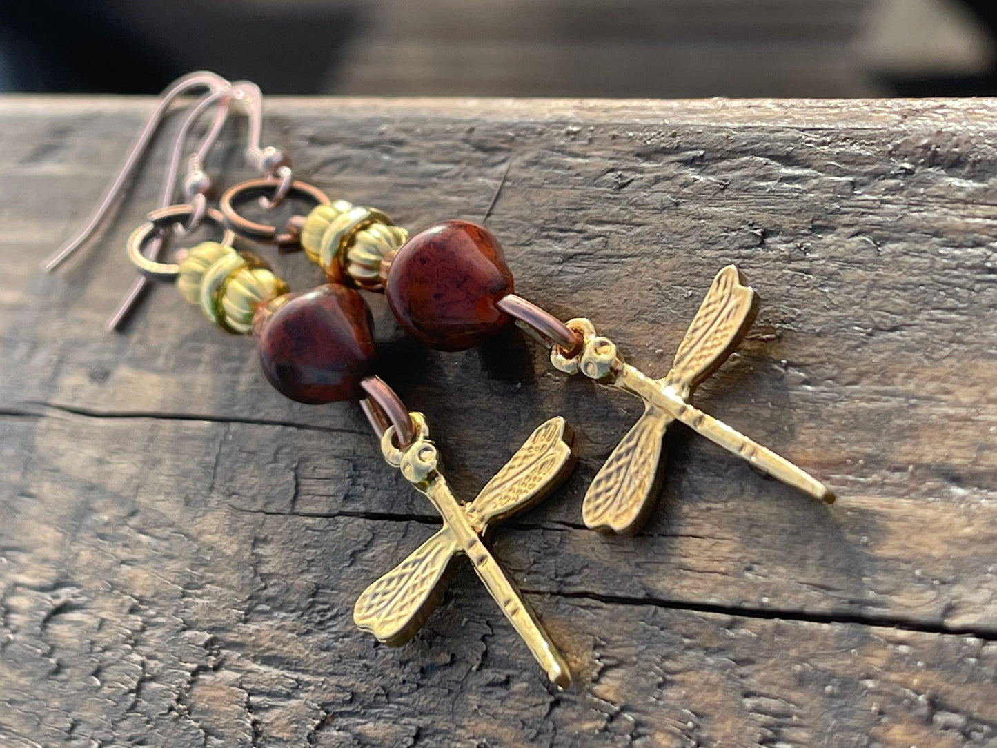 Dragonfly earrings, unique earrings, ethical jewellery, unusual boho jewellery, gold handmade earrings, boho earrings, dragonfly jewellery