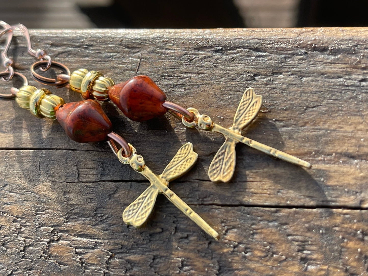 Dragonfly earrings, unique earrings, ethical jewellery, unusual boho jewellery, gold handmade earrings, boho earrings, dragonfly jewellery