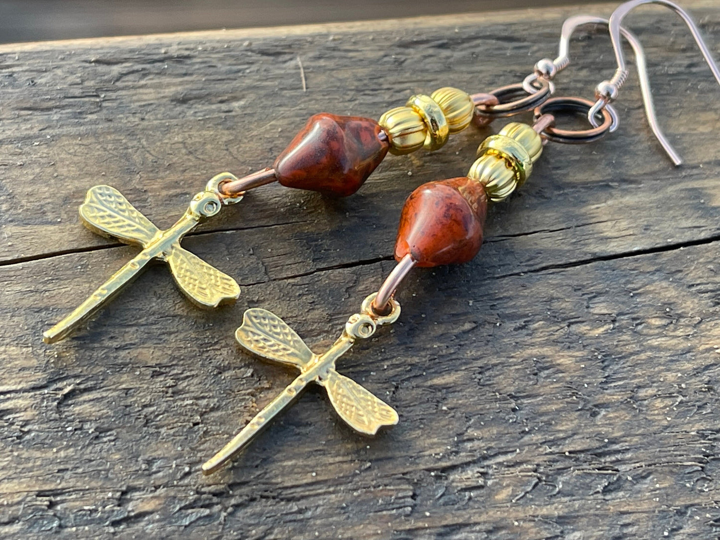 Dragonfly earrings, unique earrings, ethical jewellery, unusual boho jewellery, gold handmade earrings, boho earrings, dragonfly jewellery