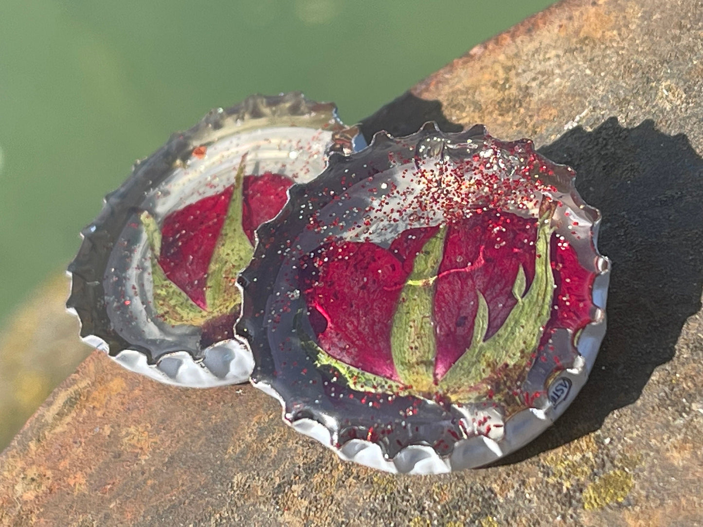 Recycled brooch made from bottle top lids. Fun unique and recycled jewellery. Eco friendly and ethical jewellery.