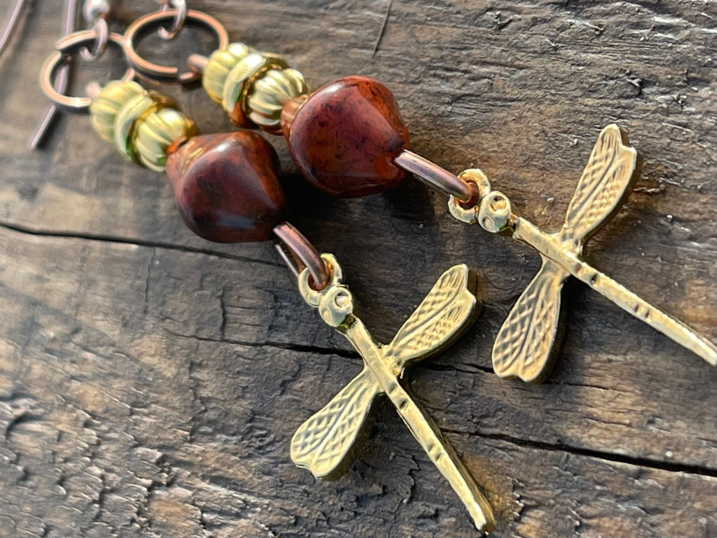 Dragonfly earrings, unique earrings, ethical jewellery, unusual boho jewellery, gold handmade earrings, boho earrings, dragonfly jewellery