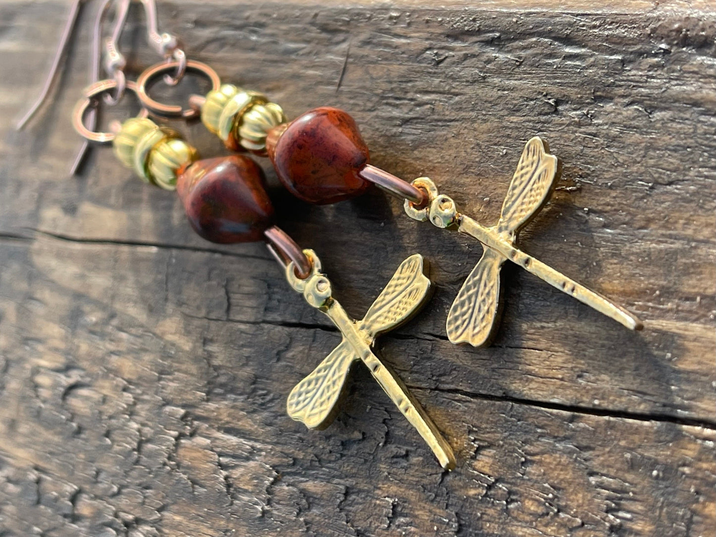 Dragonfly earrings, unique earrings, ethical jewellery, unusual boho jewellery, gold handmade earrings, boho earrings, dragonfly jewellery