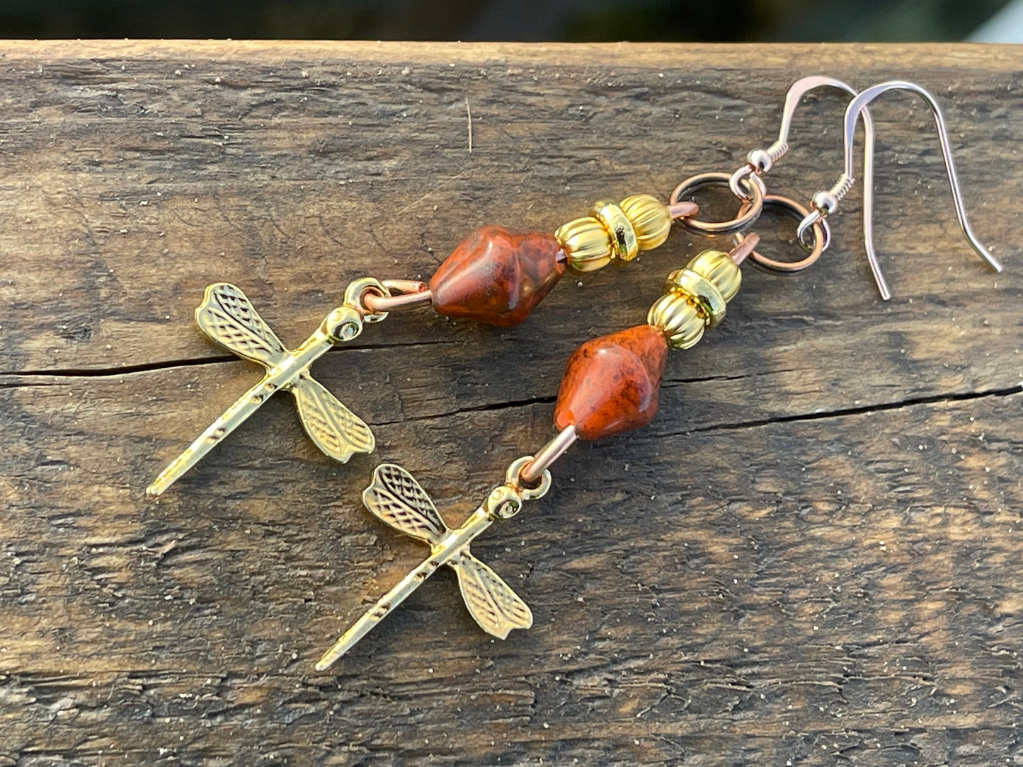 Dragonfly earrings, unique earrings, ethical jewellery, unusual boho jewellery, gold handmade earrings, boho earrings, dragonfly jewellery