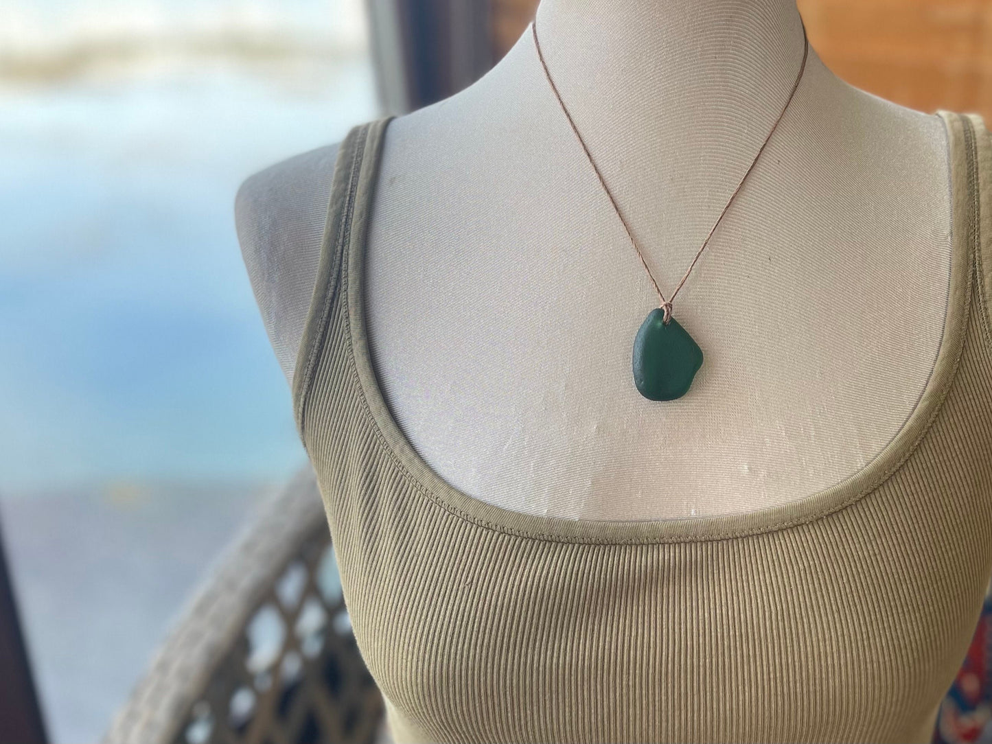 Green sea glass necklace. Recycled necklace, gift for him. Ethical jewellery. Sea glass pendant. Eco friendly necklace, boho surf jewellery