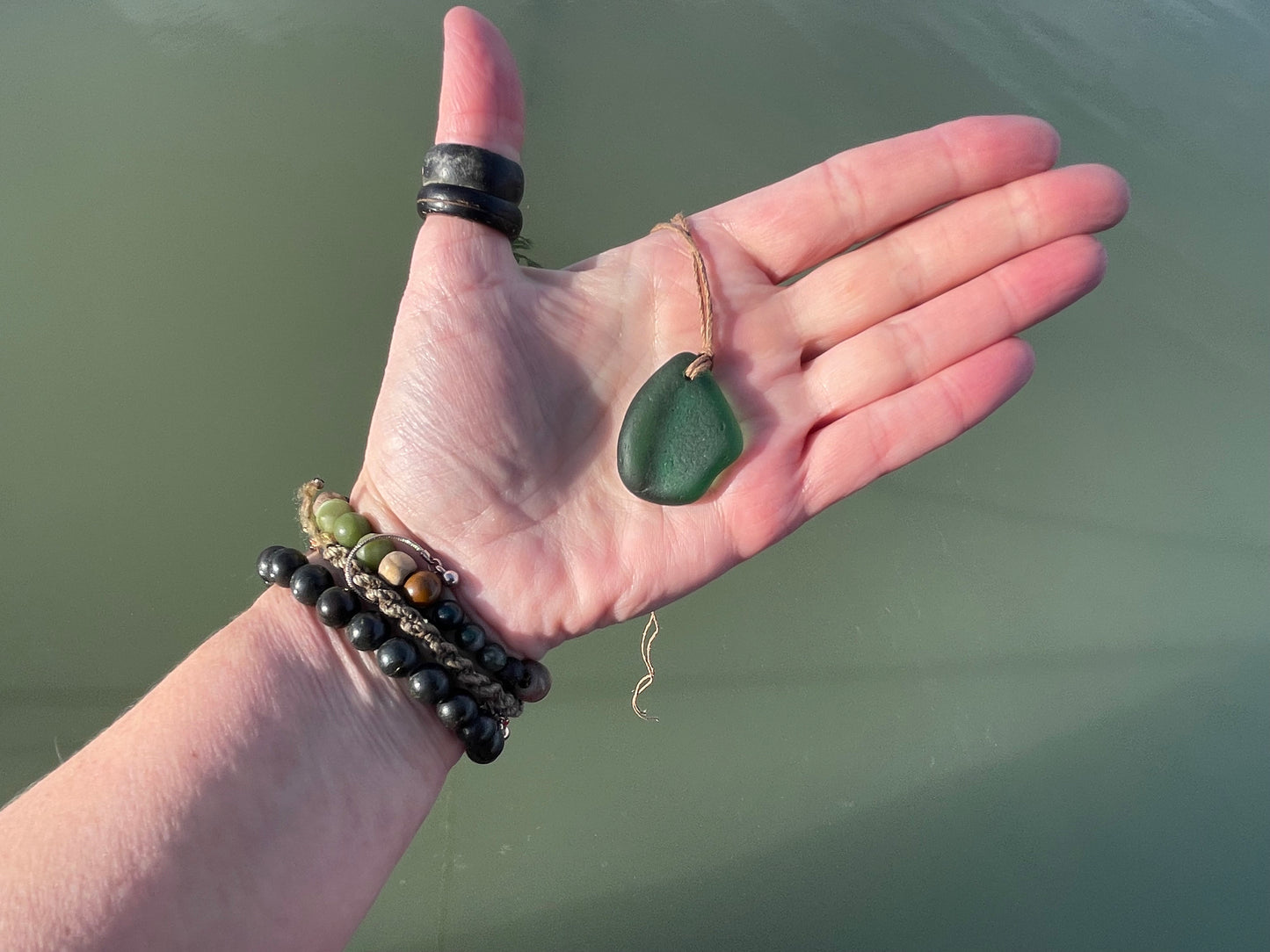 Green sea glass necklace. Recycled necklace, gift for him. Ethical jewellery. Sea glass pendant. Eco friendly necklace, boho surf jewellery