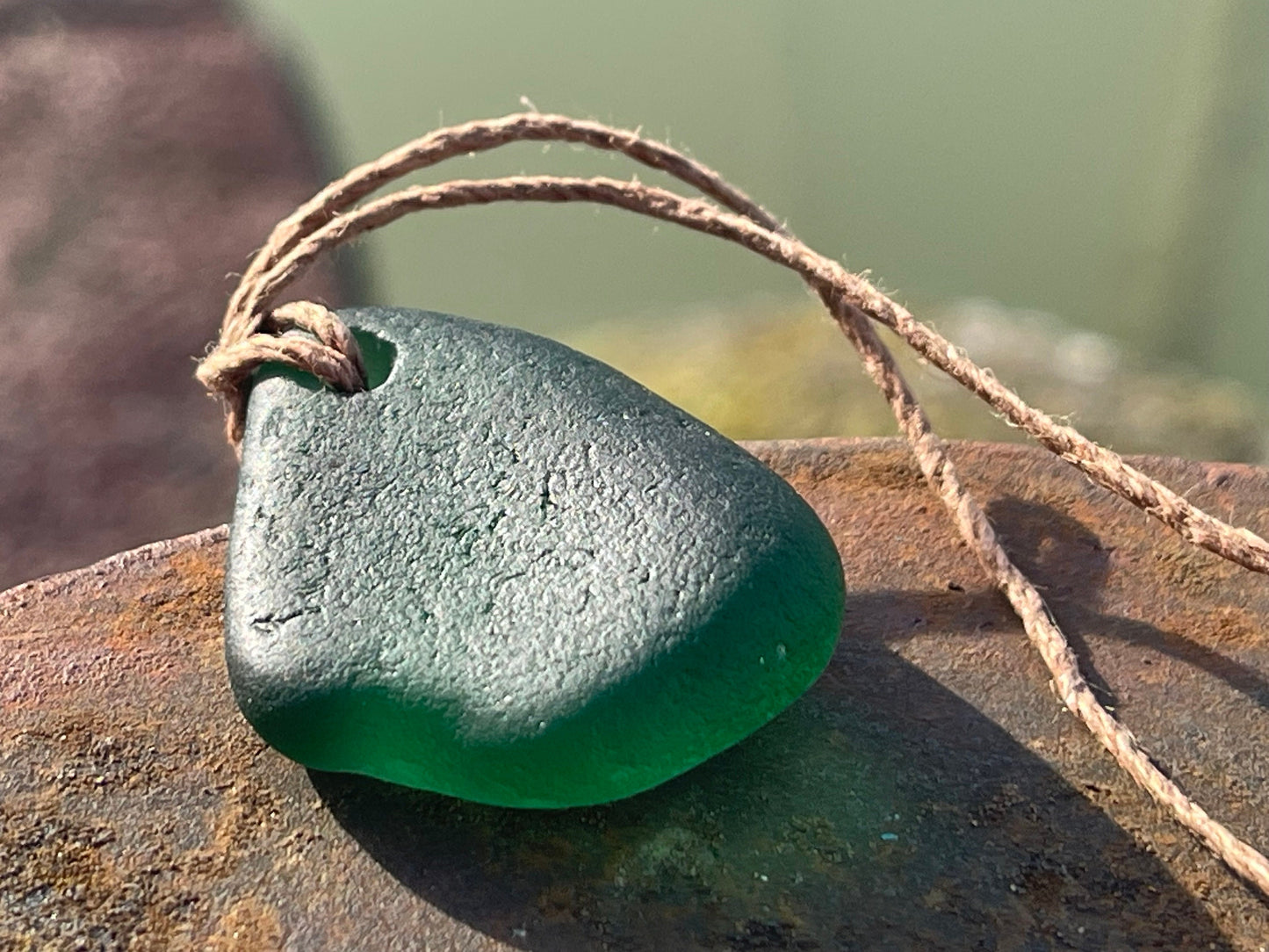 Green sea glass necklace. Recycled necklace, gift for him. Ethical jewellery. Sea glass pendant. Eco friendly necklace, boho surf jewellery