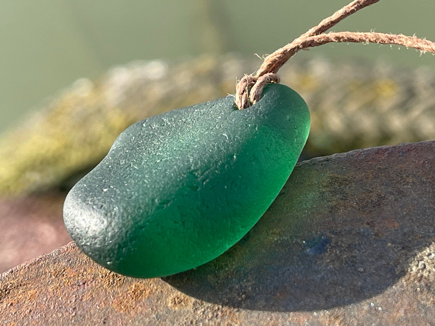 Green sea glass necklace. Recycled necklace, gift for him. Ethical jewellery. Sea glass pendant. Eco friendly necklace, boho surf jewellery