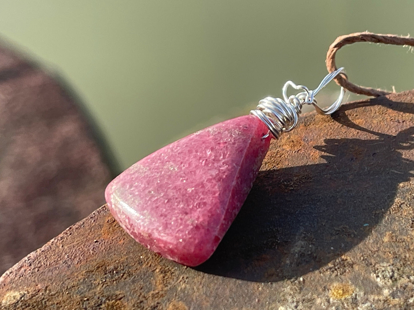 Rhodonite necklace, pink gemstone pendant. Recycled Sterling silver gift for her, boho necklace, handmade necklace, unique boho jewellery