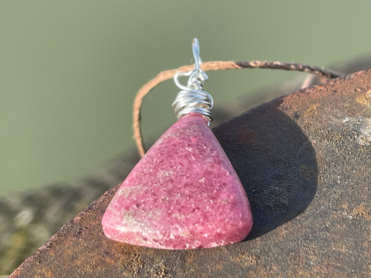 Rhodonite necklace, pink gemstone pendant. Recycled Sterling silver gift for her, boho necklace, handmade necklace, unique boho jewellery