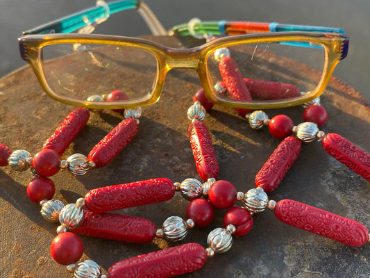 Recycled glasses chain, funky glasses holder, eco friendly glasses chain, ethical jewellery, red glasses chain, boho recycled jewellery