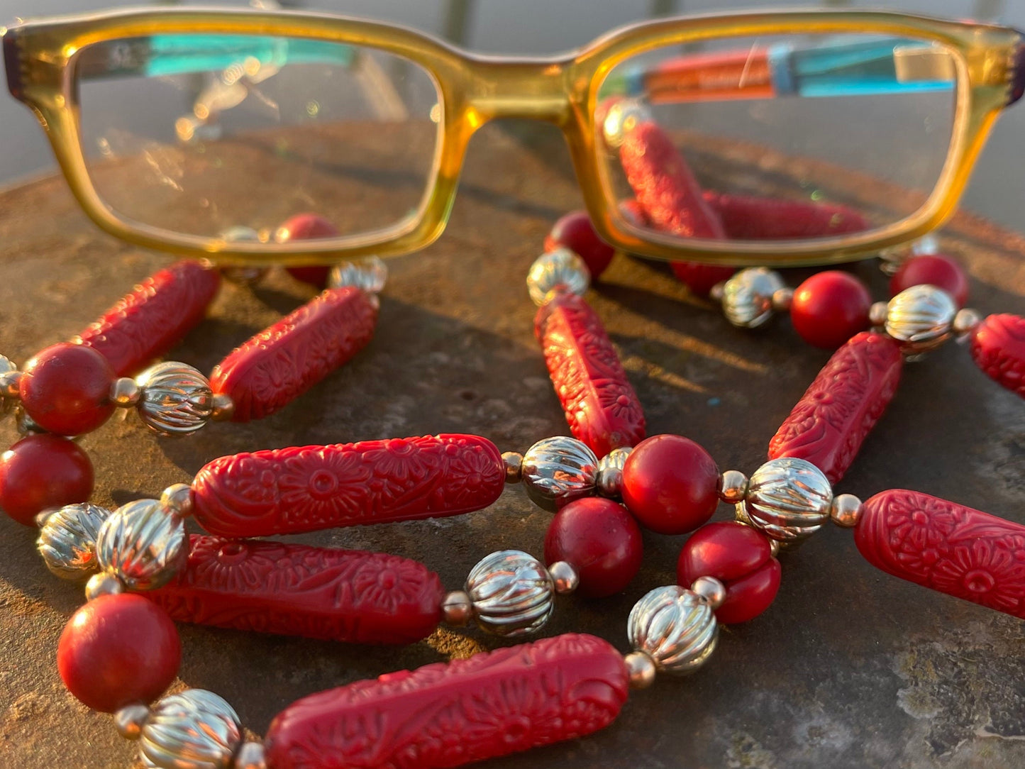 Recycled glasses chain, funky glasses holder, eco friendly glasses chain, ethical jewellery, red glasses chain, boho recycled jewellery