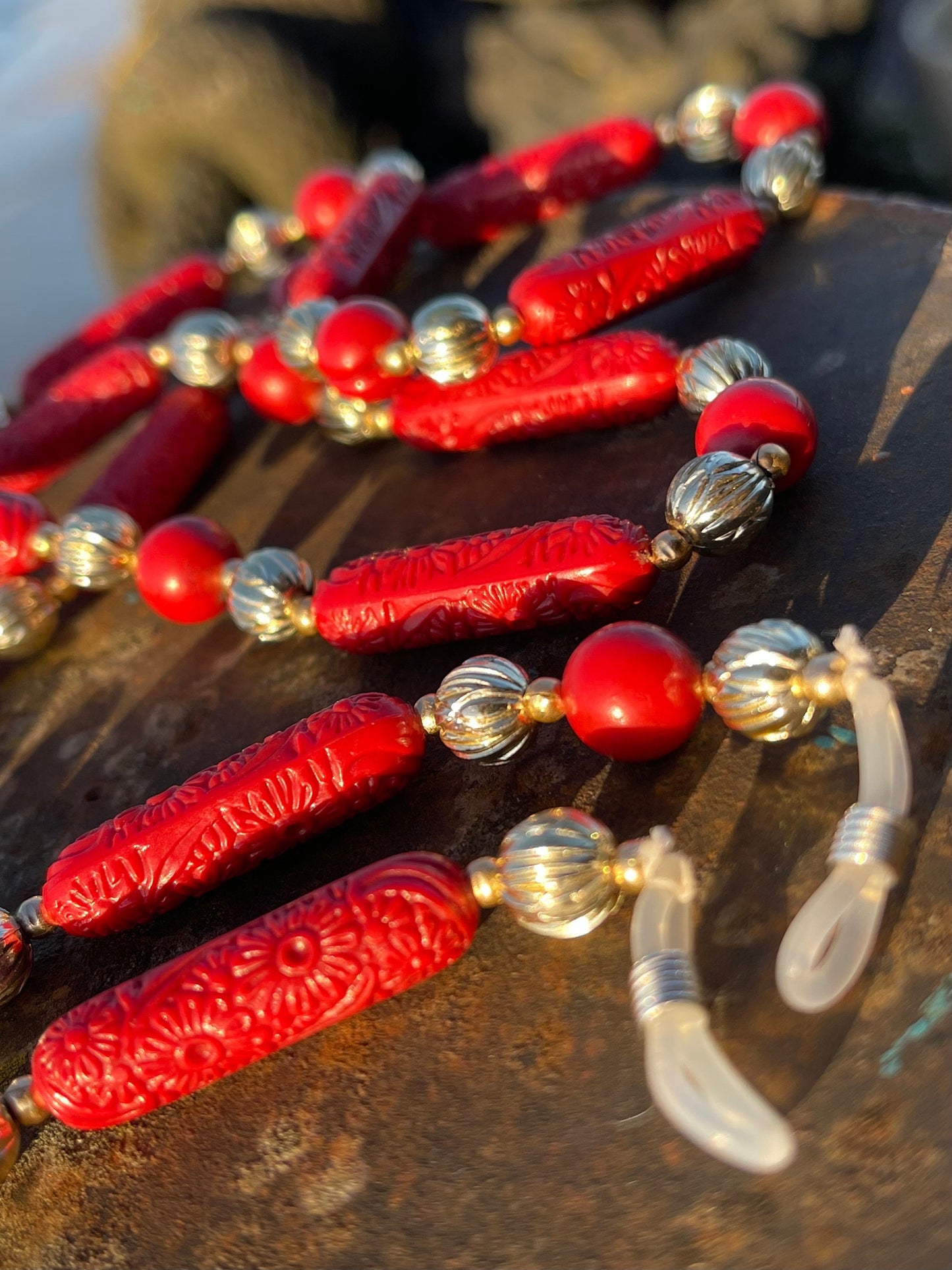 Recycled glasses chain, funky glasses holder, eco friendly glasses chain, ethical jewellery, red glasses chain, boho recycled jewellery