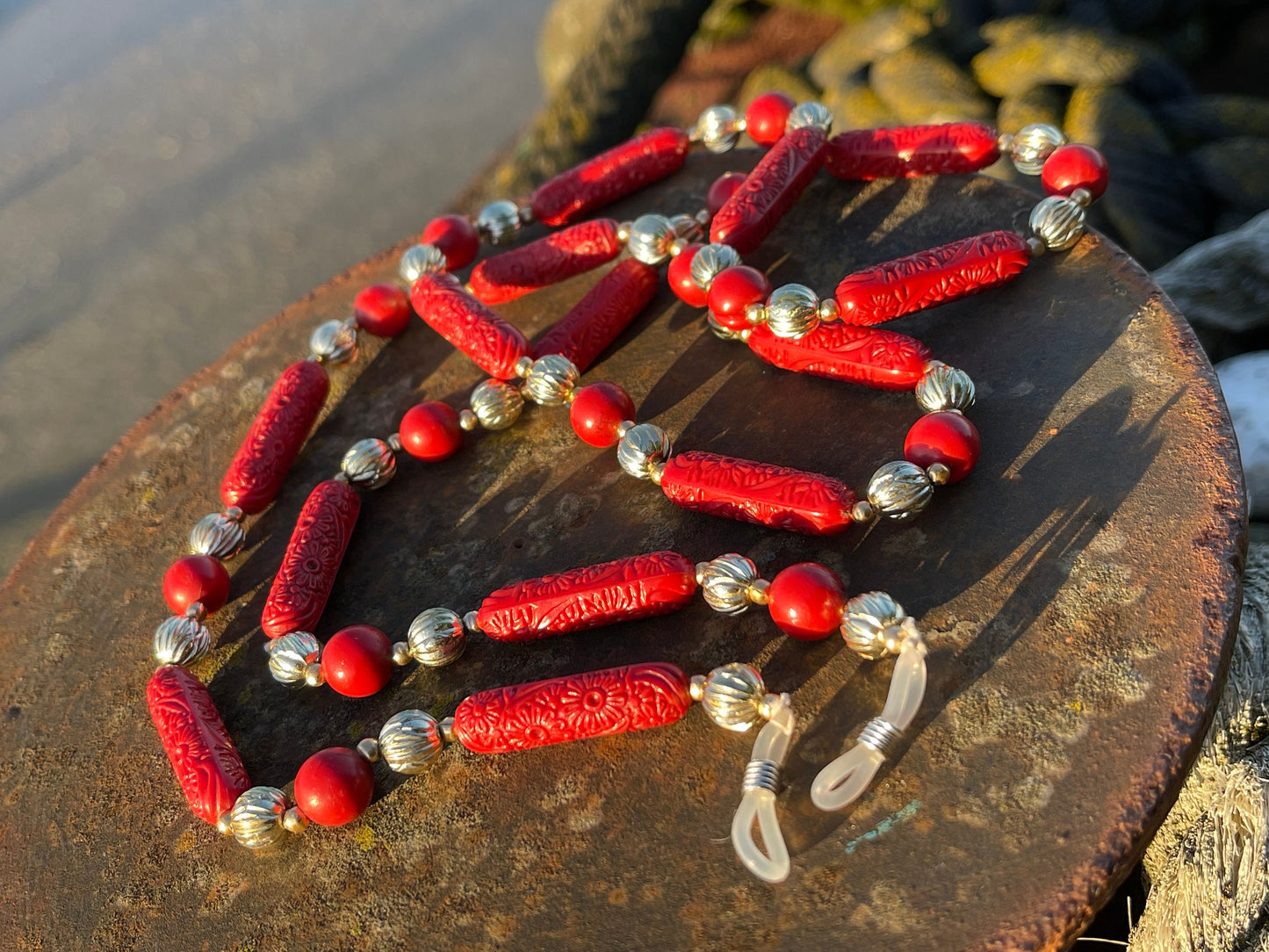 Recycled glasses chain, funky glasses holder, eco friendly glasses chain, ethical jewellery, red glasses chain, boho recycled jewellery