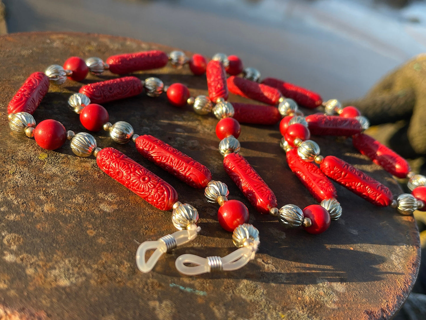 Recycled glasses chain, funky glasses holder, eco friendly glasses chain, ethical jewellery, red glasses chain, boho recycled jewellery