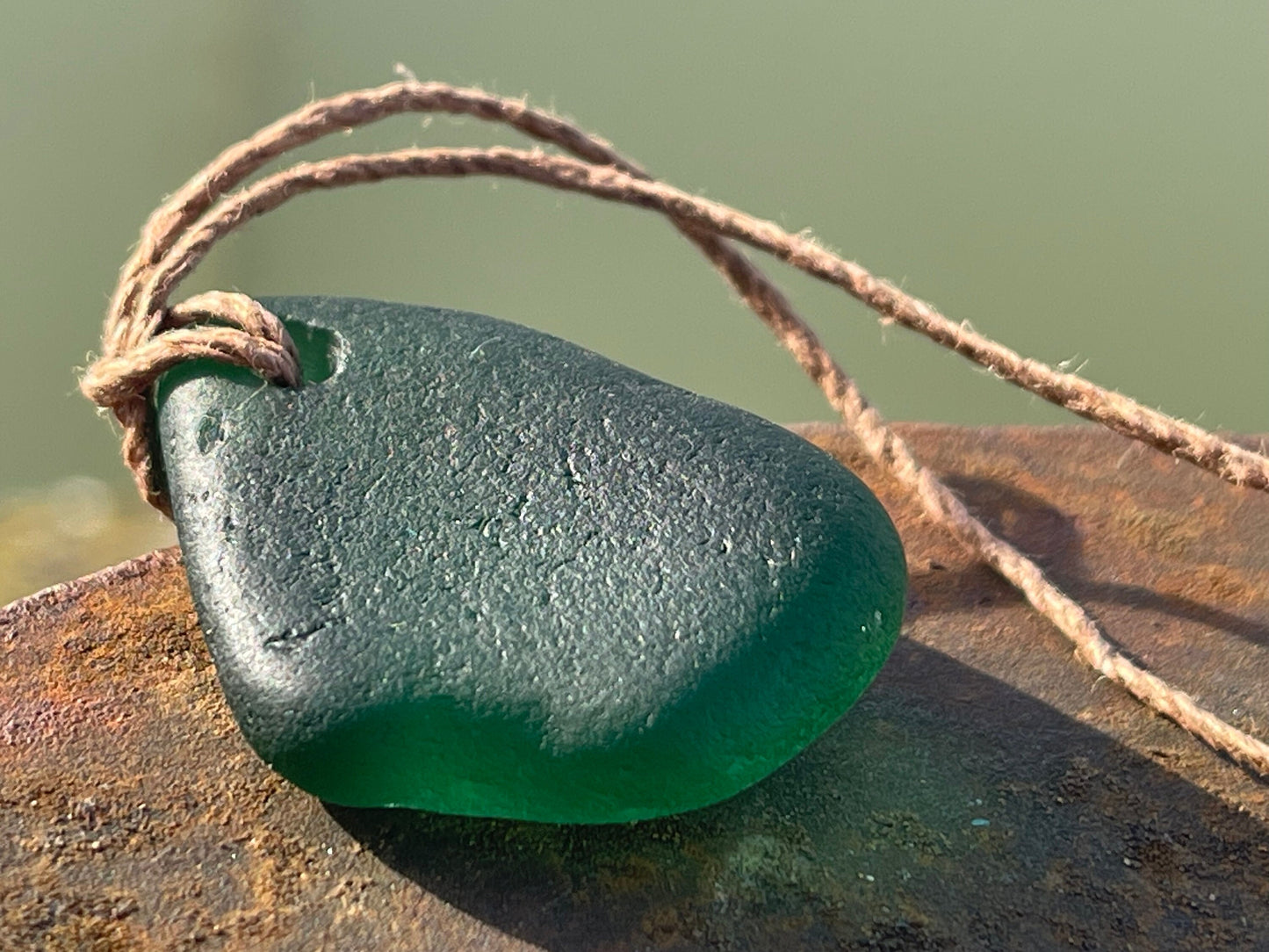 Green sea glass necklace. Recycled necklace, gift for him. Ethical jewellery. Sea glass pendant. Eco friendly necklace, boho surf jewellery