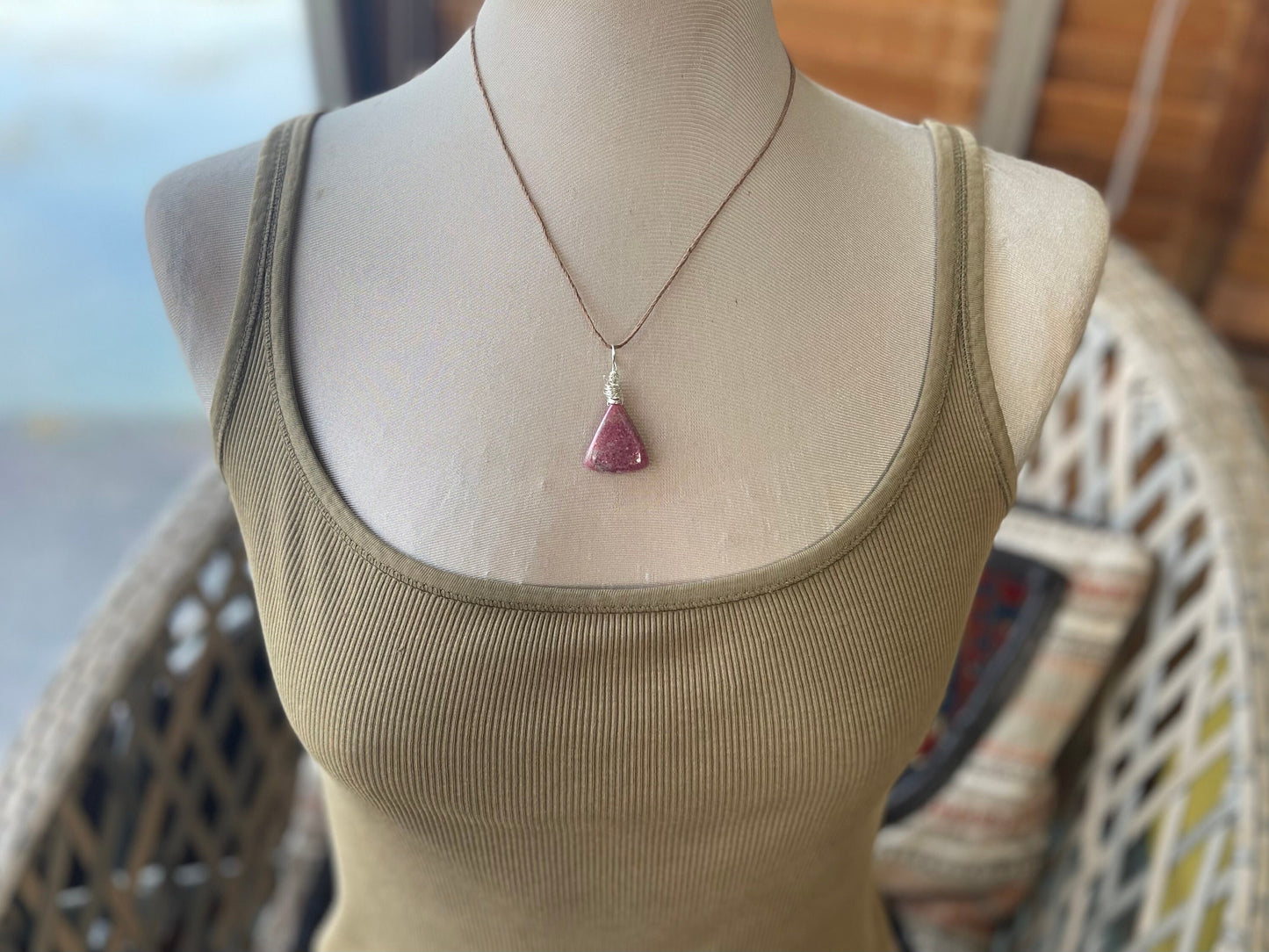 Rhodonite necklace, pink gemstone pendant. Recycled Sterling silver gift for her, boho necklace, handmade necklace, unique boho jewellery