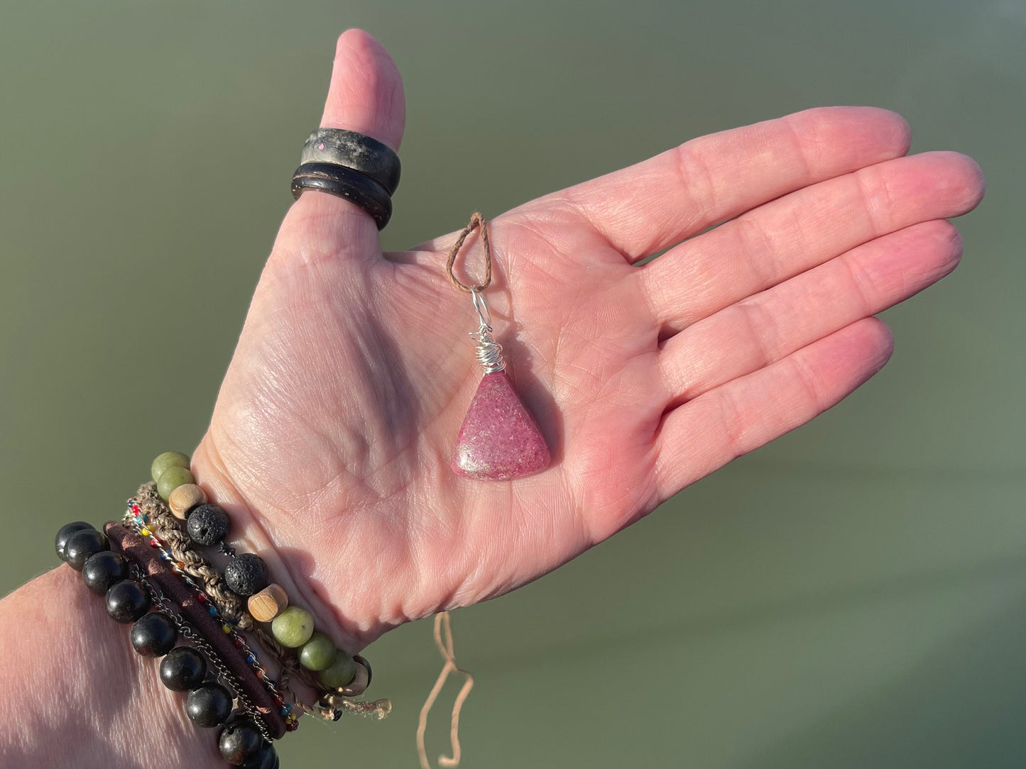 Rhodonite necklace, pink gemstone pendant. Recycled Sterling silver gift for her, boho necklace, handmade necklace, unique boho jewellery