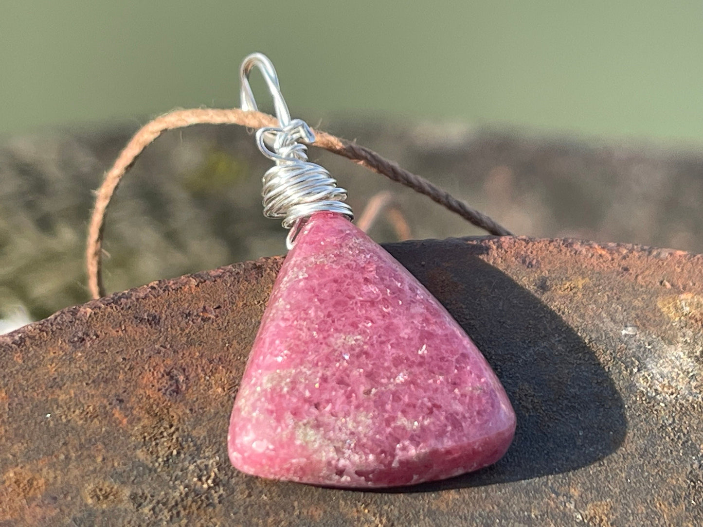 Rhodonite necklace, pink gemstone pendant. Recycled Sterling silver gift for her, boho necklace, handmade necklace, unique boho jewellery