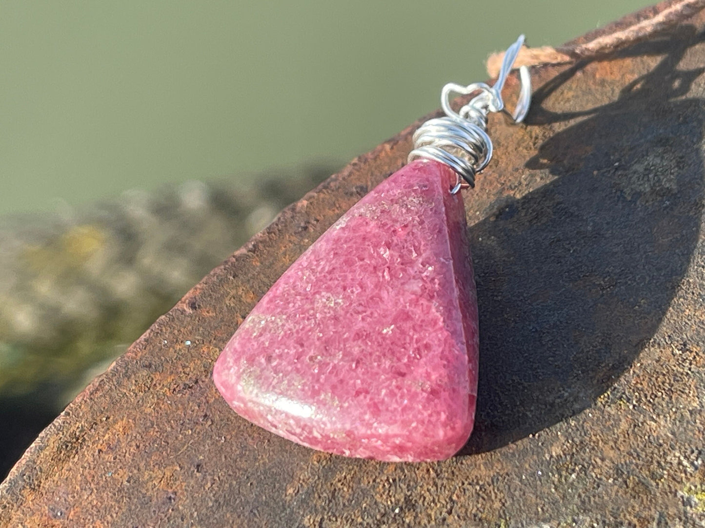 Rhodonite necklace, pink gemstone pendant. Recycled Sterling silver gift for her, boho necklace, handmade necklace, unique boho jewellery