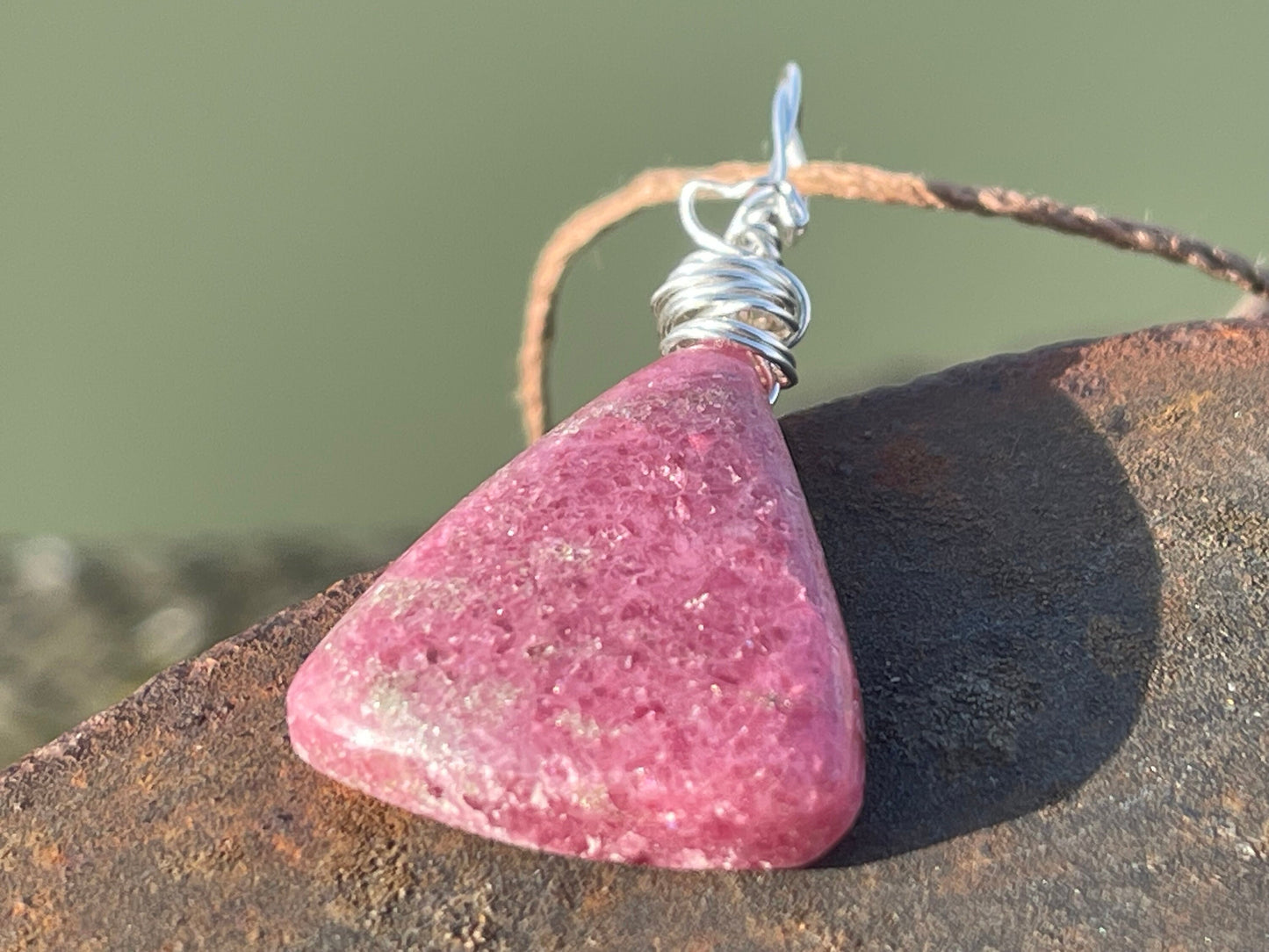 Rhodonite necklace, pink gemstone pendant. Recycled Sterling silver gift for her, boho necklace, handmade necklace, unique boho jewellery