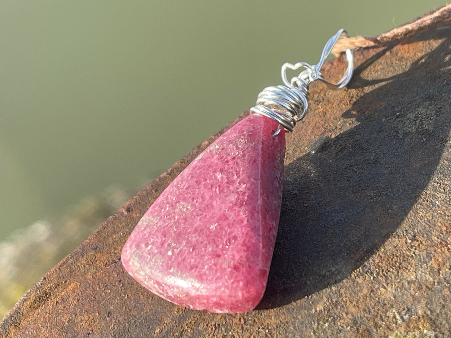 Rhodonite necklace, pink gemstone pendant. Recycled Sterling silver gift for her, boho necklace, handmade necklace, unique boho jewellery