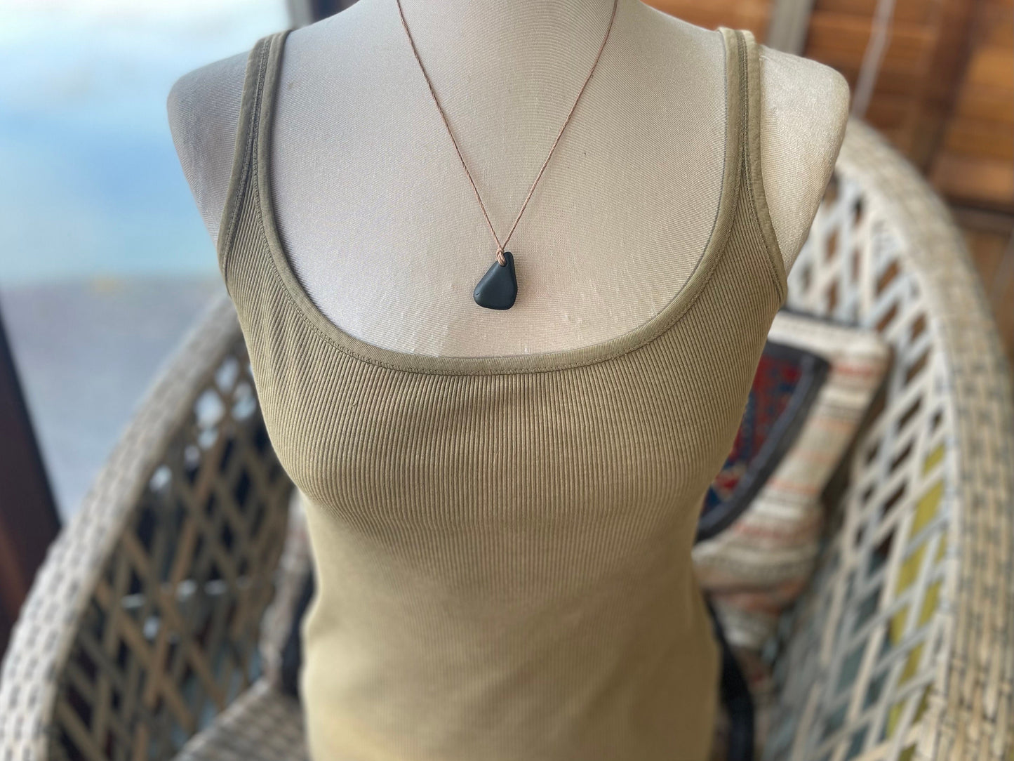 Green sea glass necklace. Recycled necklace, gift for him. Ethical jewellery. Sea glass pendant. Eco friendly necklace, boho surf jewellery