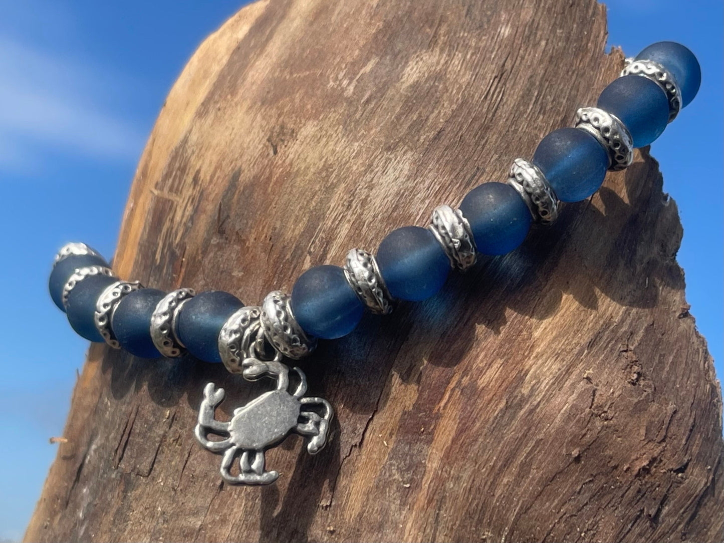 Blue glass bracelet, handmade gift for him, crab bracelet, blue braclet, gifts for men, handmade bracelet, boho bracelet, gift for swimmer