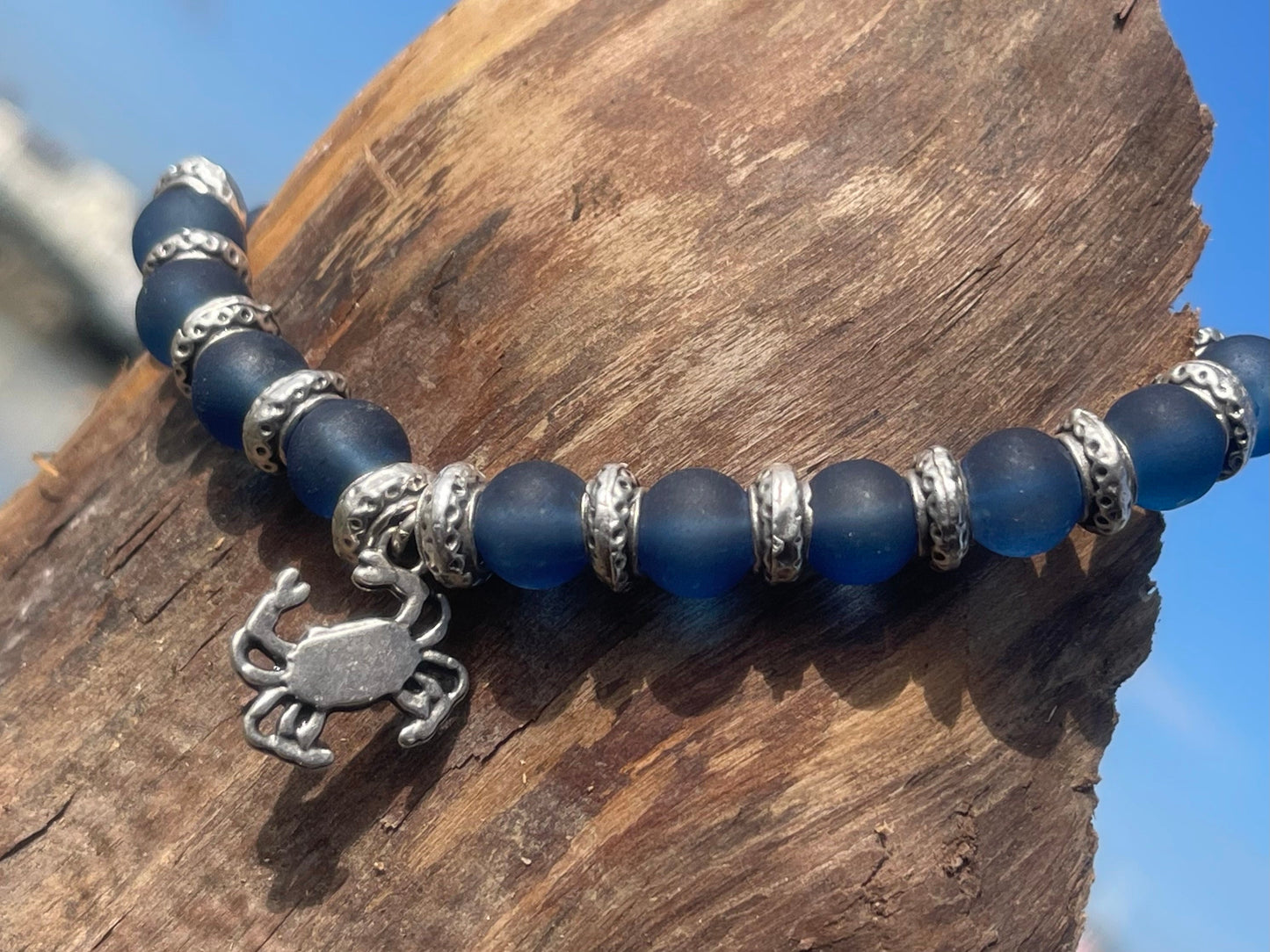 Blue glass bracelet, handmade gift for him, crab bracelet, blue braclet, gifts for men, handmade bracelet, boho bracelet, gift for swimmer