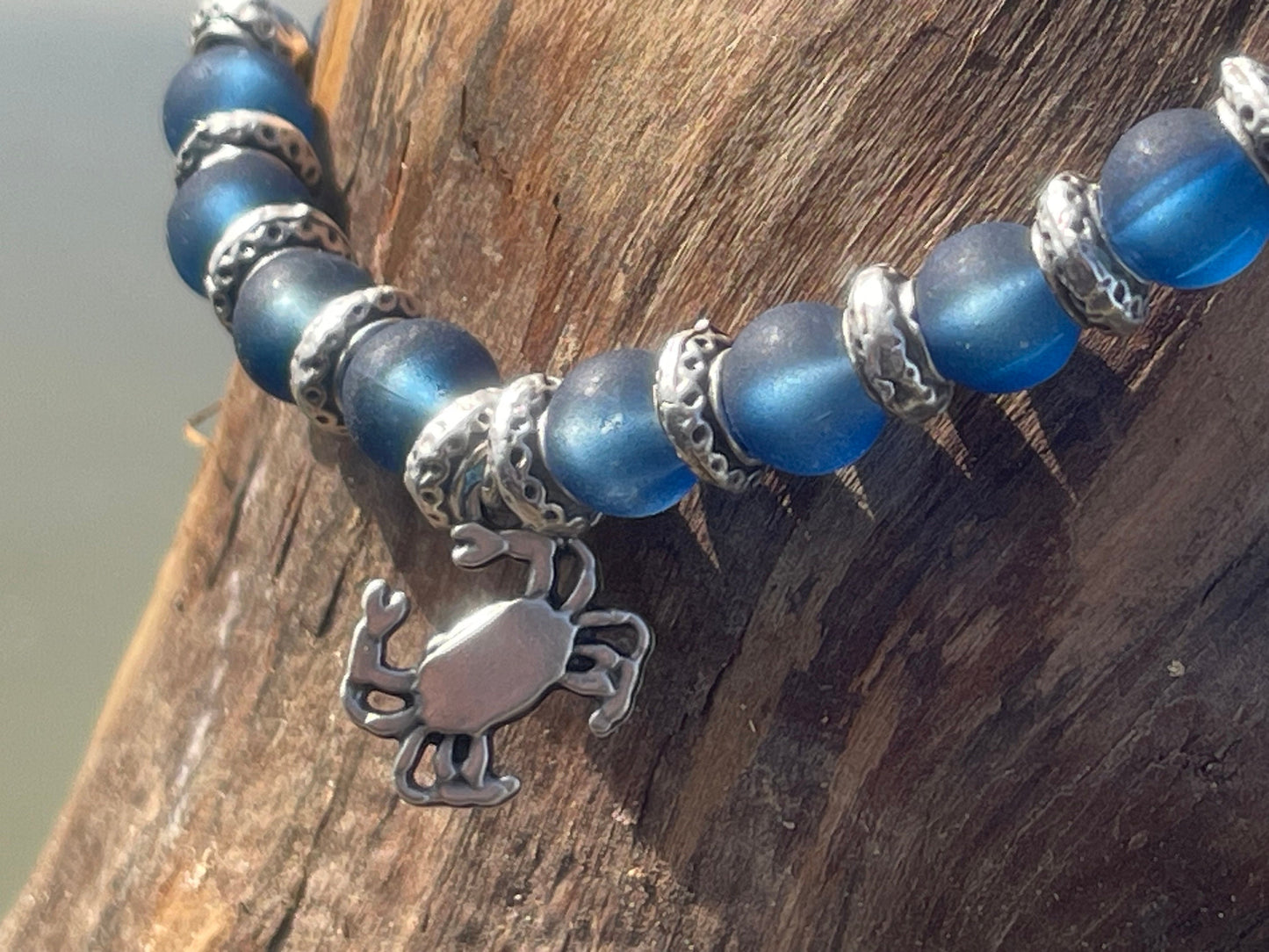 Blue glass bracelet, handmade gift for him, crab bracelet, blue braclet, gifts for men, handmade bracelet, boho bracelet, gift for swimmer