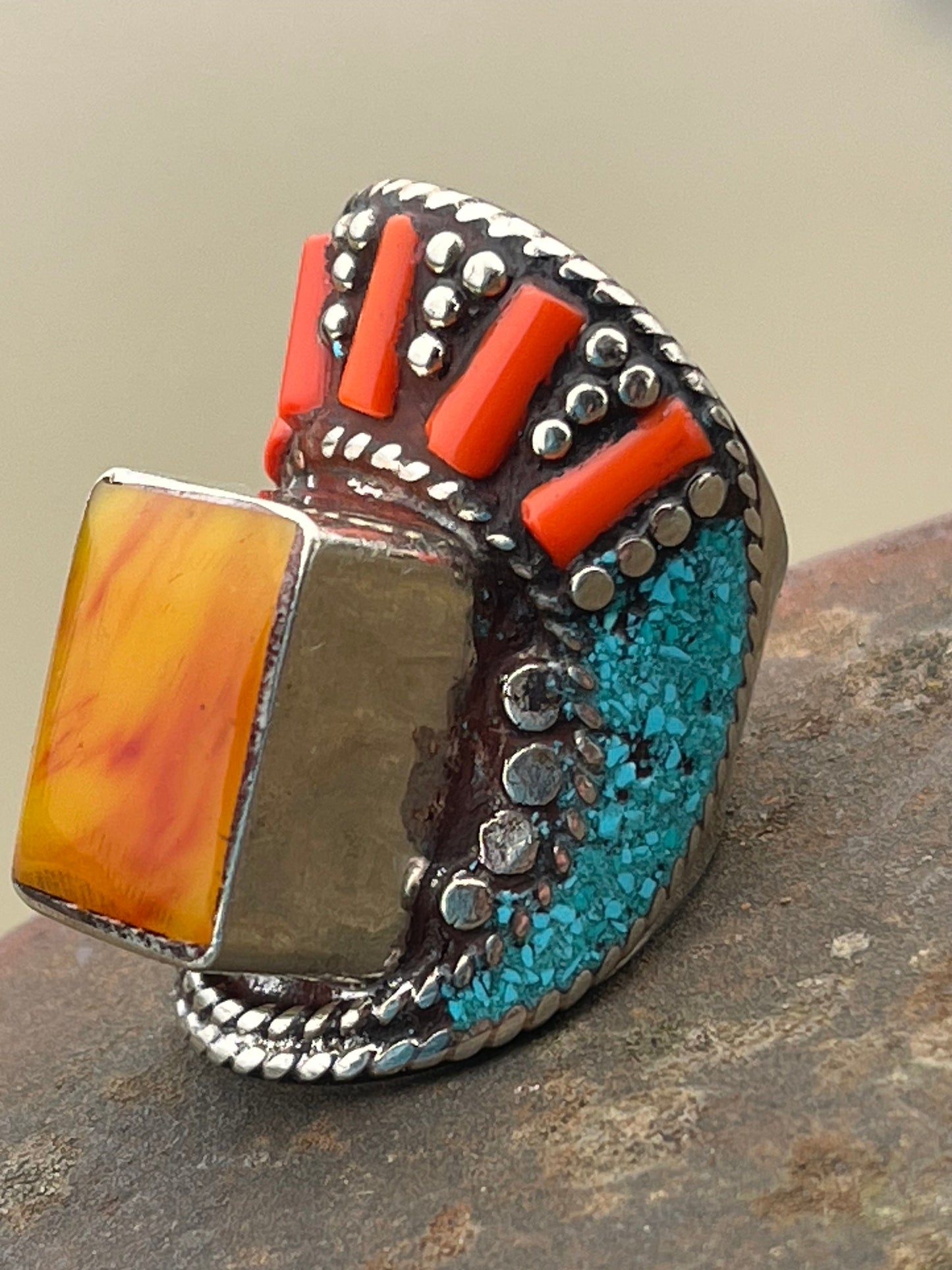 Vintage ring, vintage jewellery, ethical jewellery, gypsy ring. Gypsy jewellery, large ring, statement ring, turquoise ring, orange ring