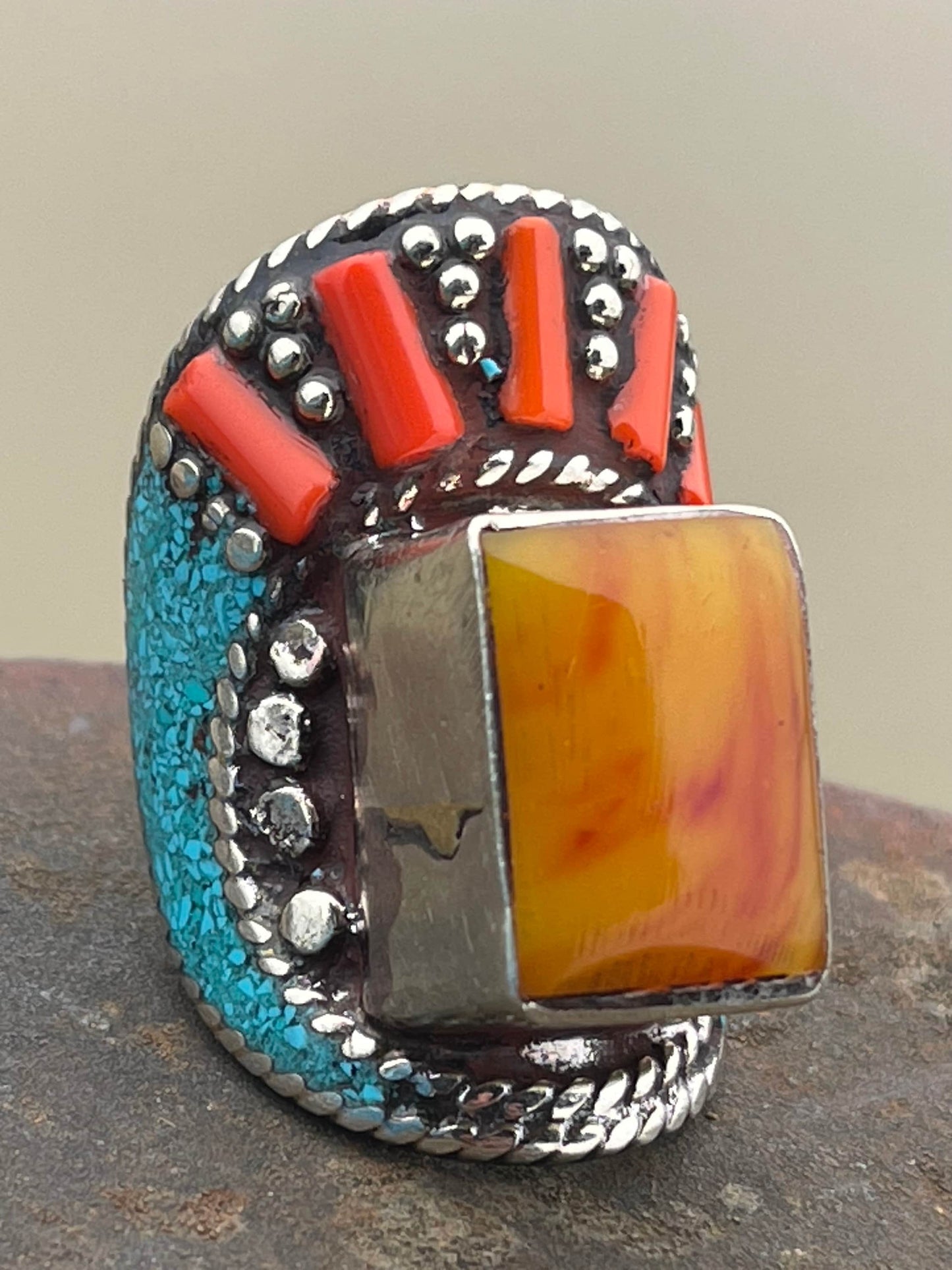 Vintage ring, vintage jewellery, ethical jewellery, gypsy ring. Gypsy jewellery, large ring, statement ring, turquoise ring, orange ring