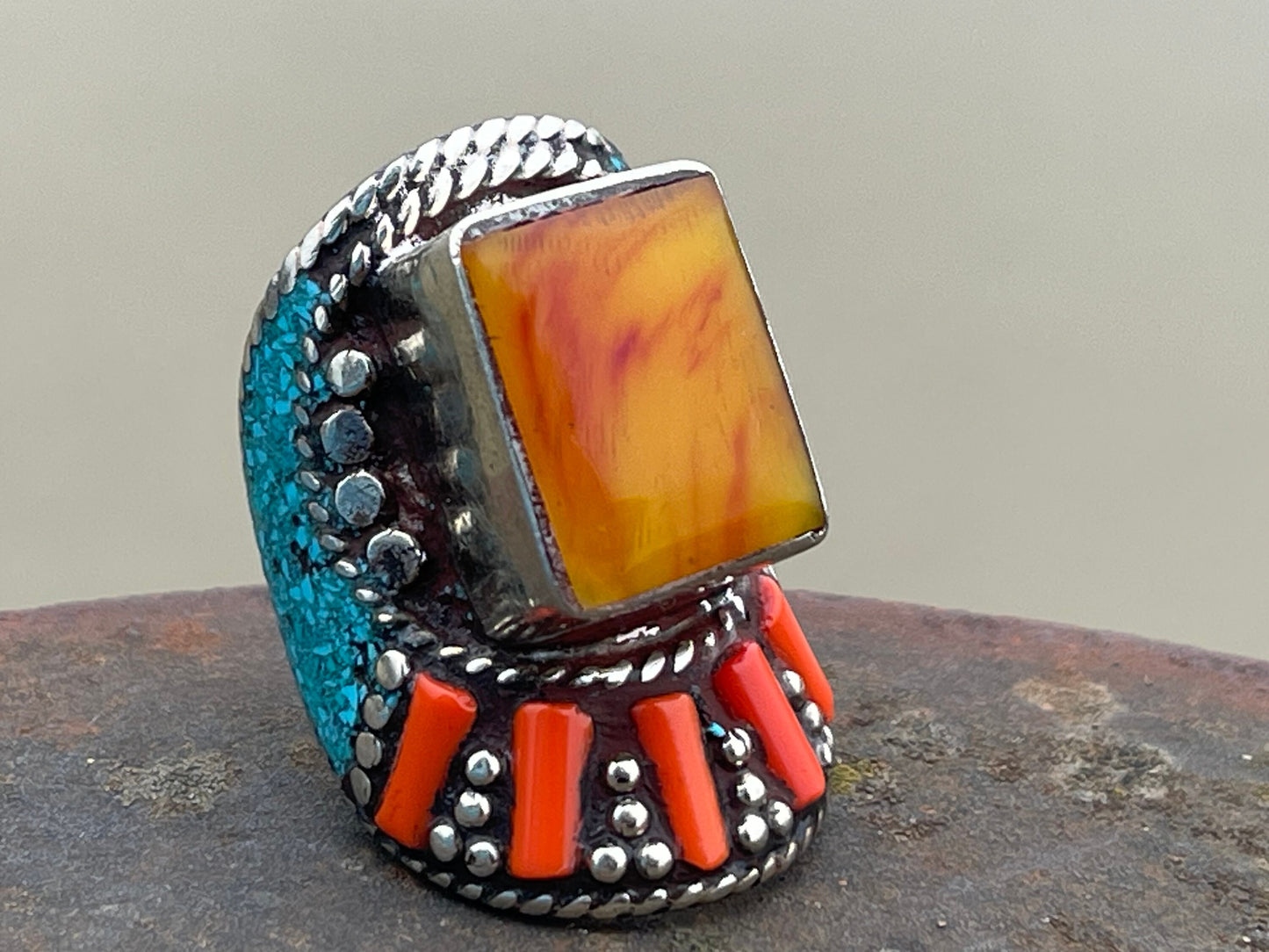 Vintage ring, vintage jewellery, ethical jewellery, gypsy ring. Gypsy jewellery, large ring, statement ring, turquoise ring, orange ring