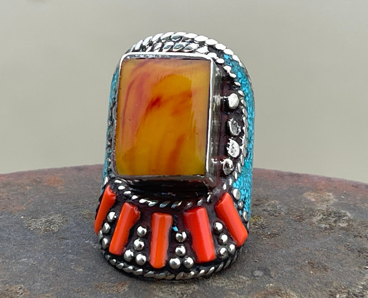 Vintage ring, vintage jewellery, ethical jewellery, gypsy ring. Gypsy jewellery, large ring, statement ring, turquoise ring, orange ring