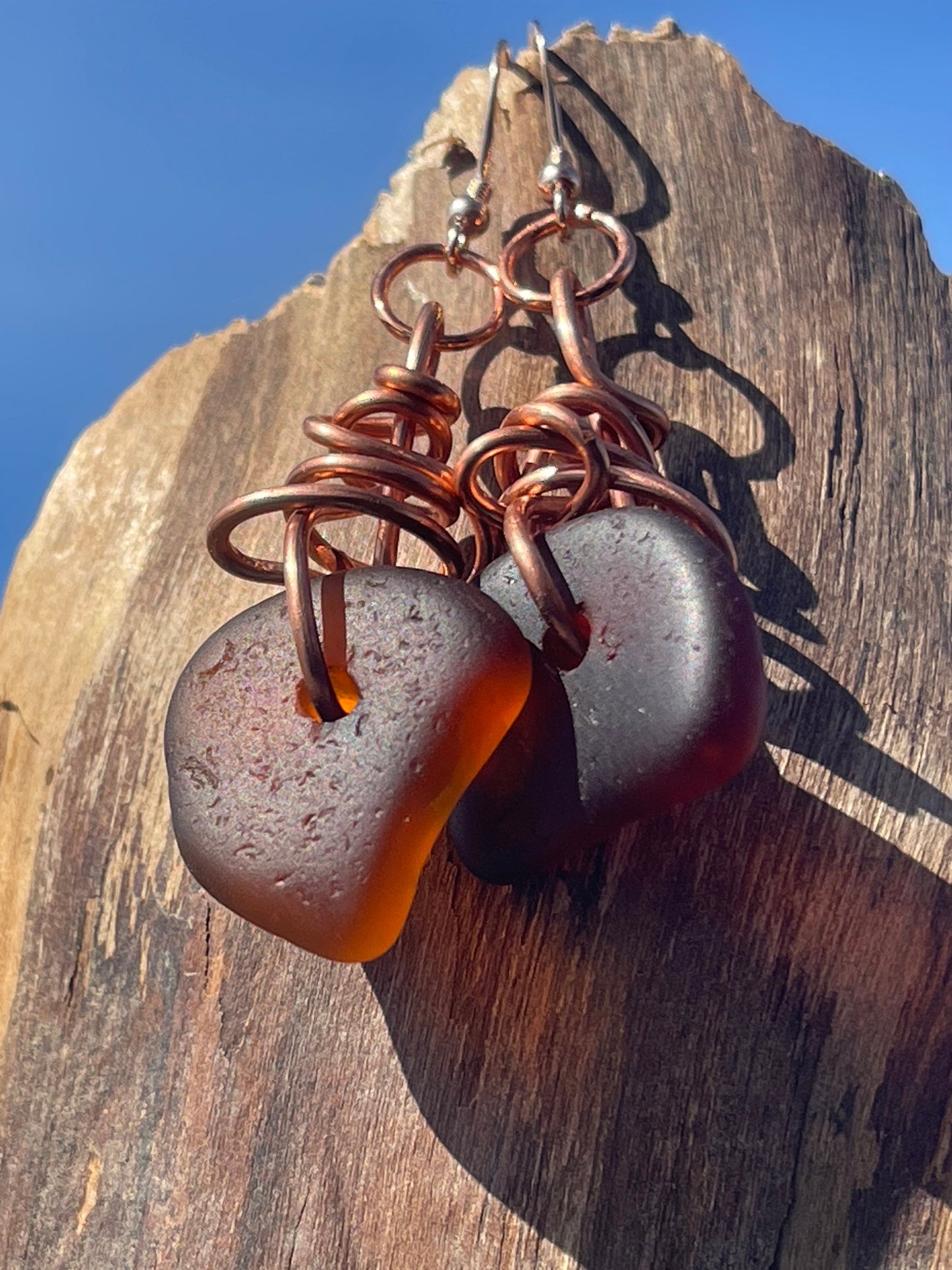 Sea glass earrings, unique earrings, ethical jewellery, unusual boho jewellery, boho earrings, sea glass jewellery, orange sea glass