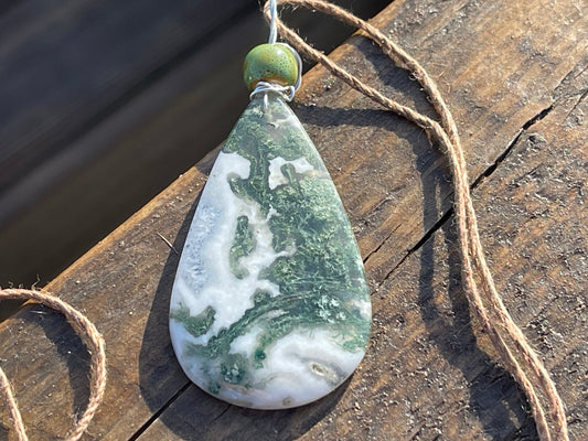 Moss agate necklace, moss agate pendant, large gemstone necklace, green gemstone, gift for gardener. Handmade necklace, boho gift for her