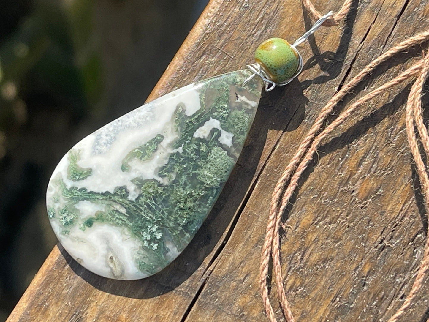 Moss agate necklace, moss agate pendant, large gemstone necklace, green gemstone, gift for gardener. Handmade necklace, boho gift for her