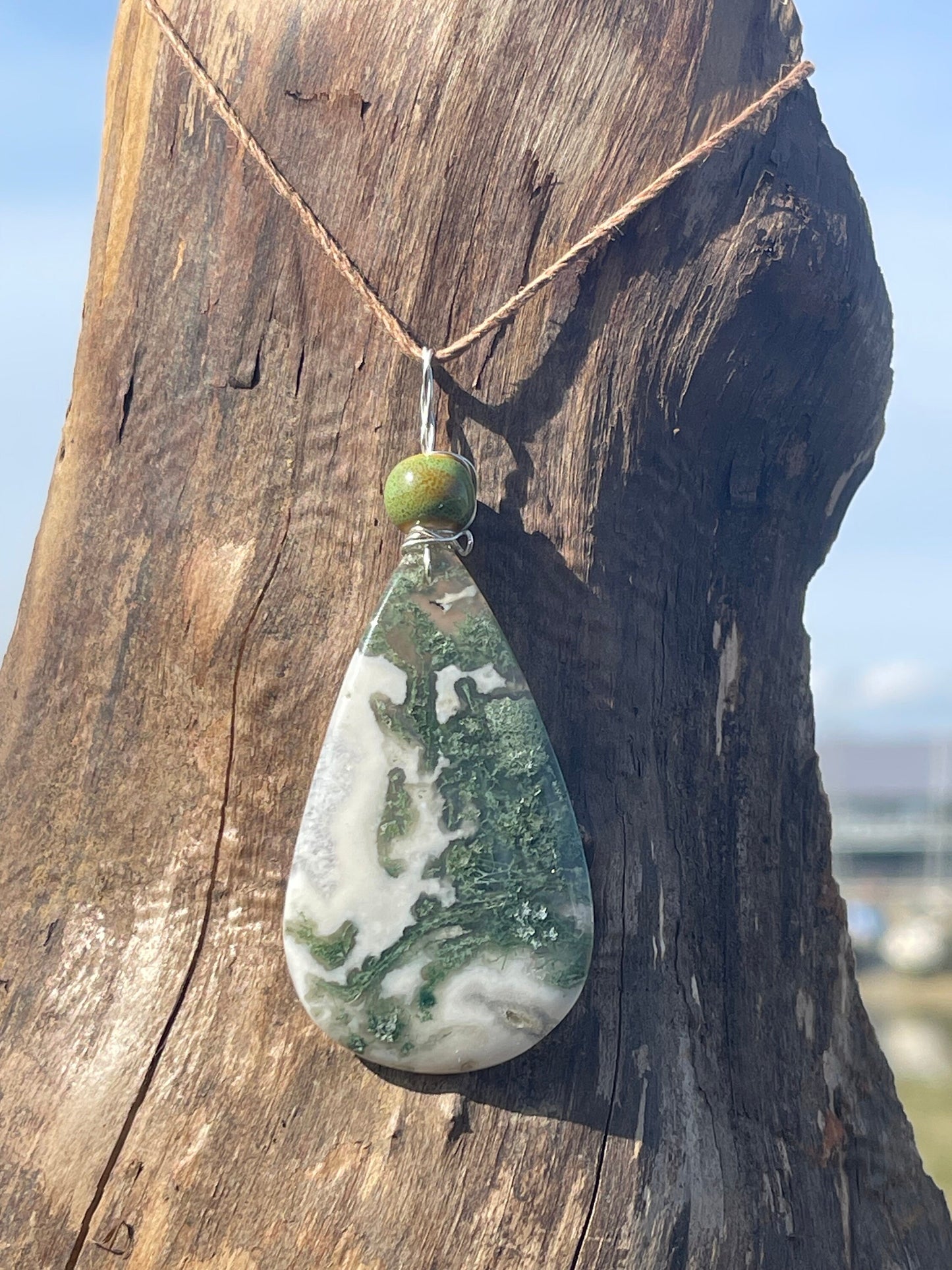 Moss agate necklace, moss agate pendant, large gemstone necklace, green gemstone, gift for gardener. Handmade necklace, boho gift for her