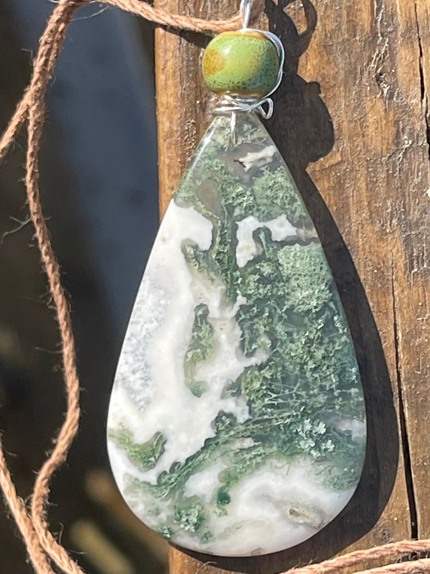 Moss agate necklace, moss agate pendant, large gemstone necklace, green gemstone, gift for gardener. Handmade necklace, boho gift for her