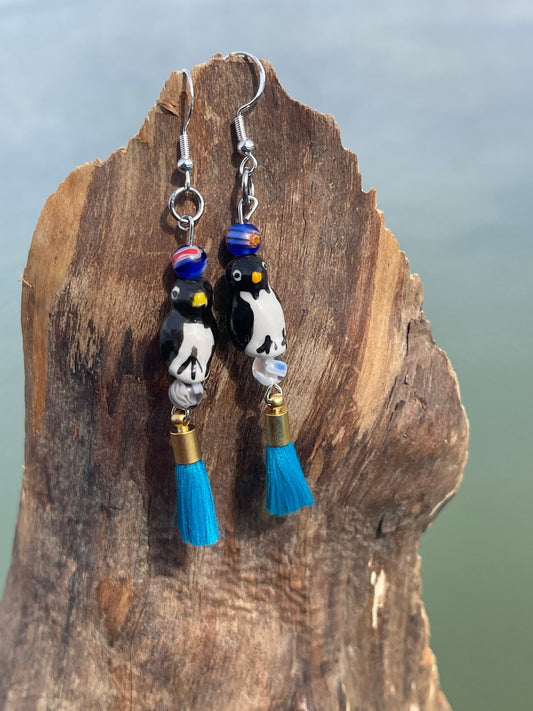 SALE Penguin earrings, fun earrings, ethical jewellery, unusual boho jewellery, unusual earrings, boho earrings, handmade jewellery, penguin