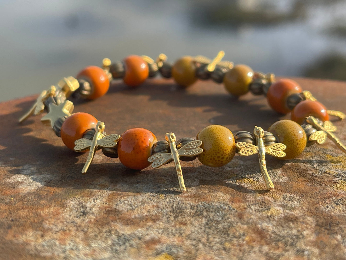 Dragonfly bracelet, boho jewellery, unique gift for her, handmade glass bracelet, dragonfly jewellery, orange bracelet, yellow bracelet