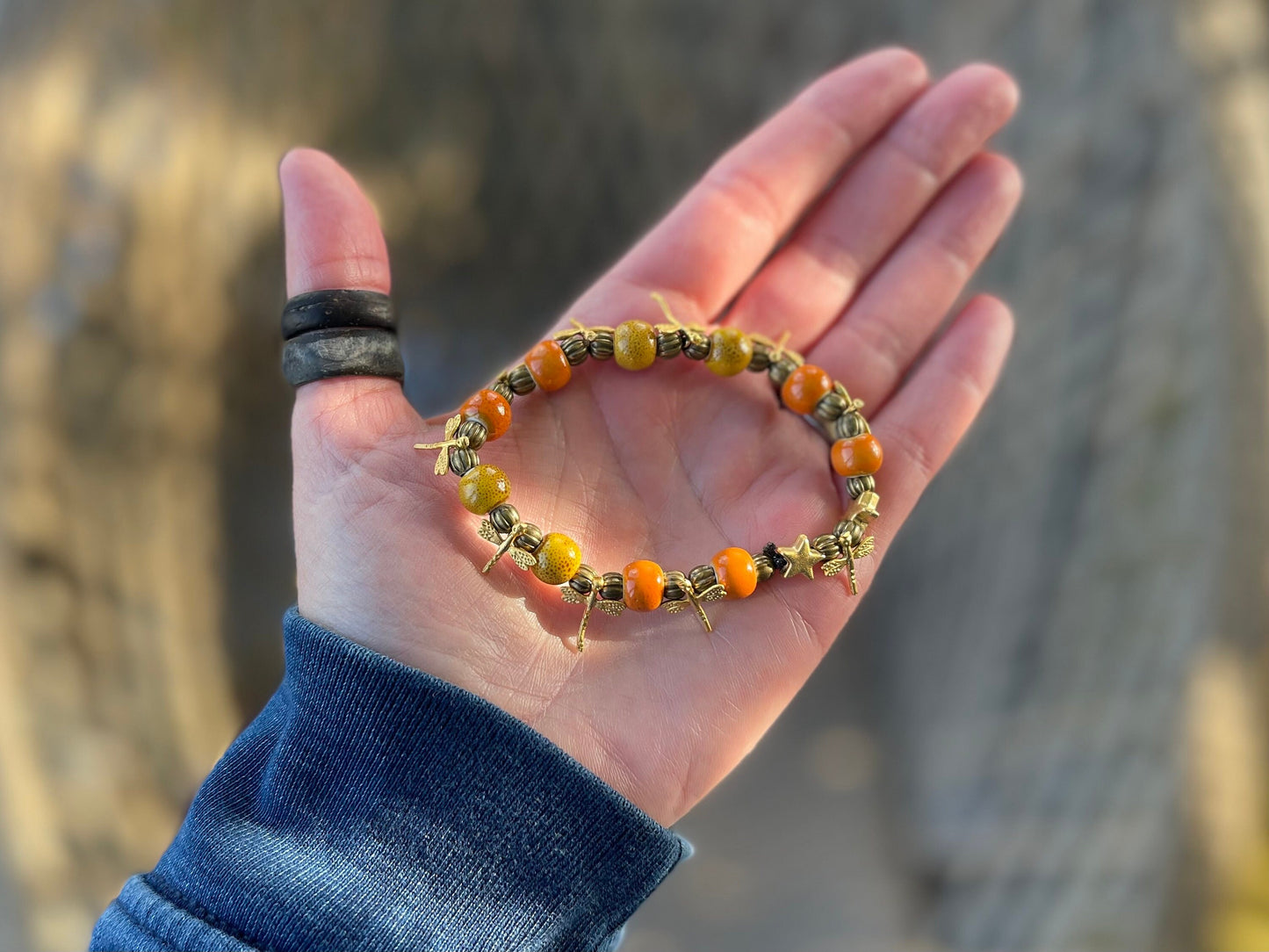 Dragonfly bracelet, boho jewellery, unique gift for her, handmade glass bracelet, dragonfly jewellery, orange bracelet, yellow bracelet