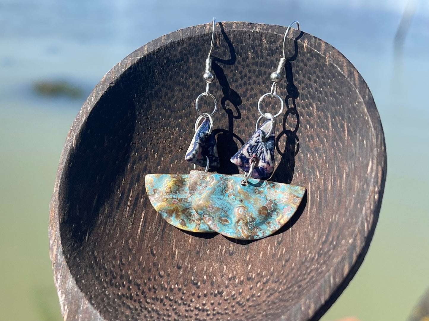 Handmade earrings using Sussex clay. Unique jewellery, ceramic earrings, boho jewellery, blue earrings, unique earrings, blue jewellery