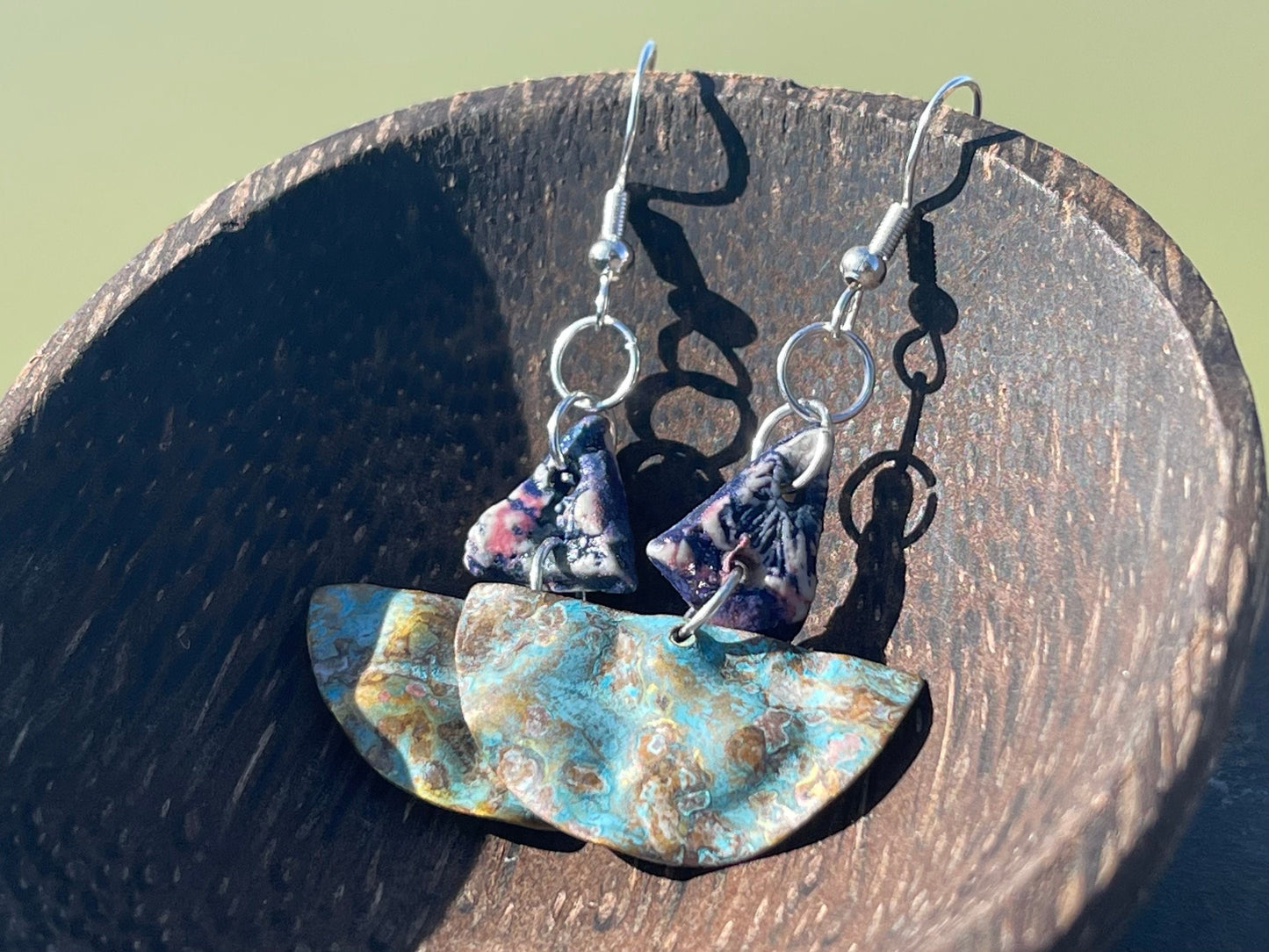 Handmade earrings using Sussex clay. Unique jewellery, ceramic earrings, boho jewellery, blue earrings, unique earrings, blue jewellery