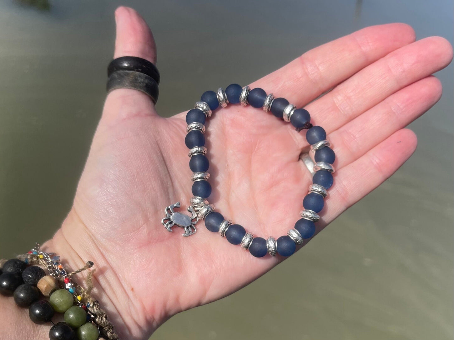 Blue glass bracelet, handmade gift for him, crab bracelet, blue braclet, gifts for men, handmade bracelet, boho bracelet, gift for swimmer