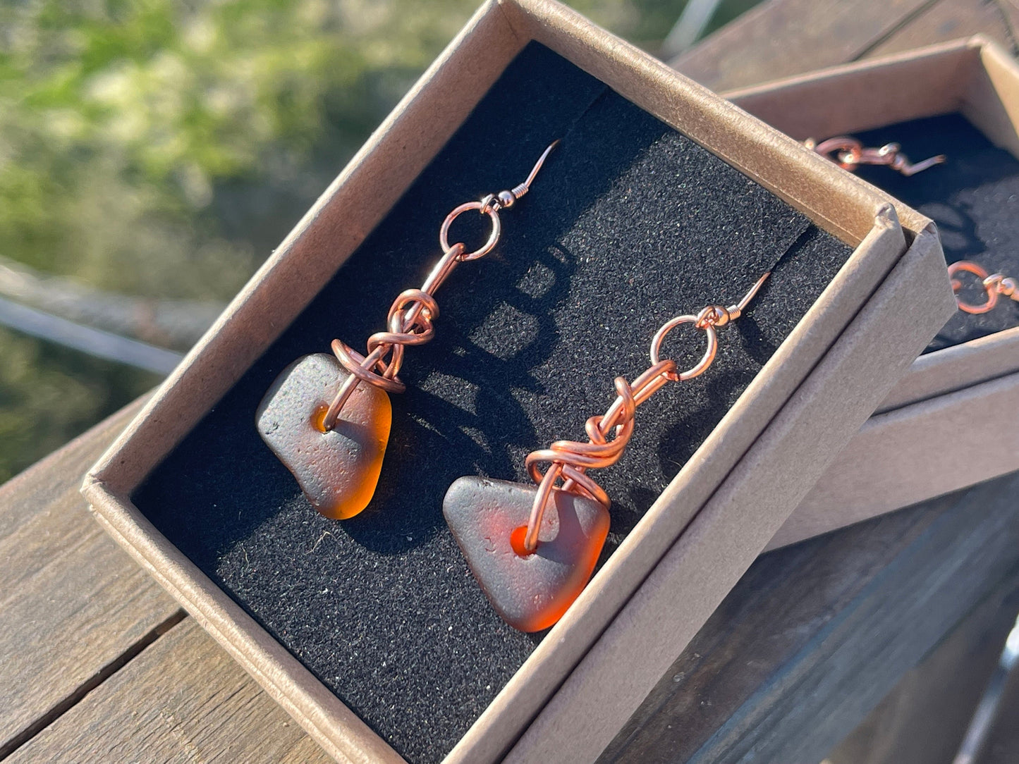 Sea glass earrings, unique earrings, ethical jewellery, unusual boho jewellery, boho earrings, sea glass jewellery, orange sea glass