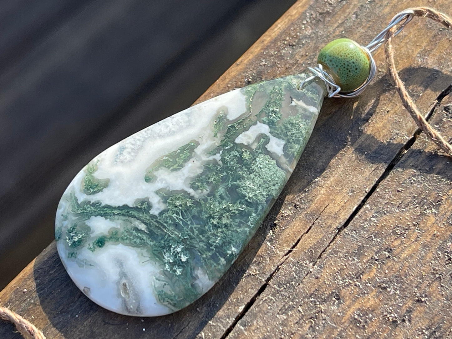 Moss agate necklace, moss agate pendant, large gemstone necklace, green gemstone, gift for gardener. Handmade necklace, boho gift for her