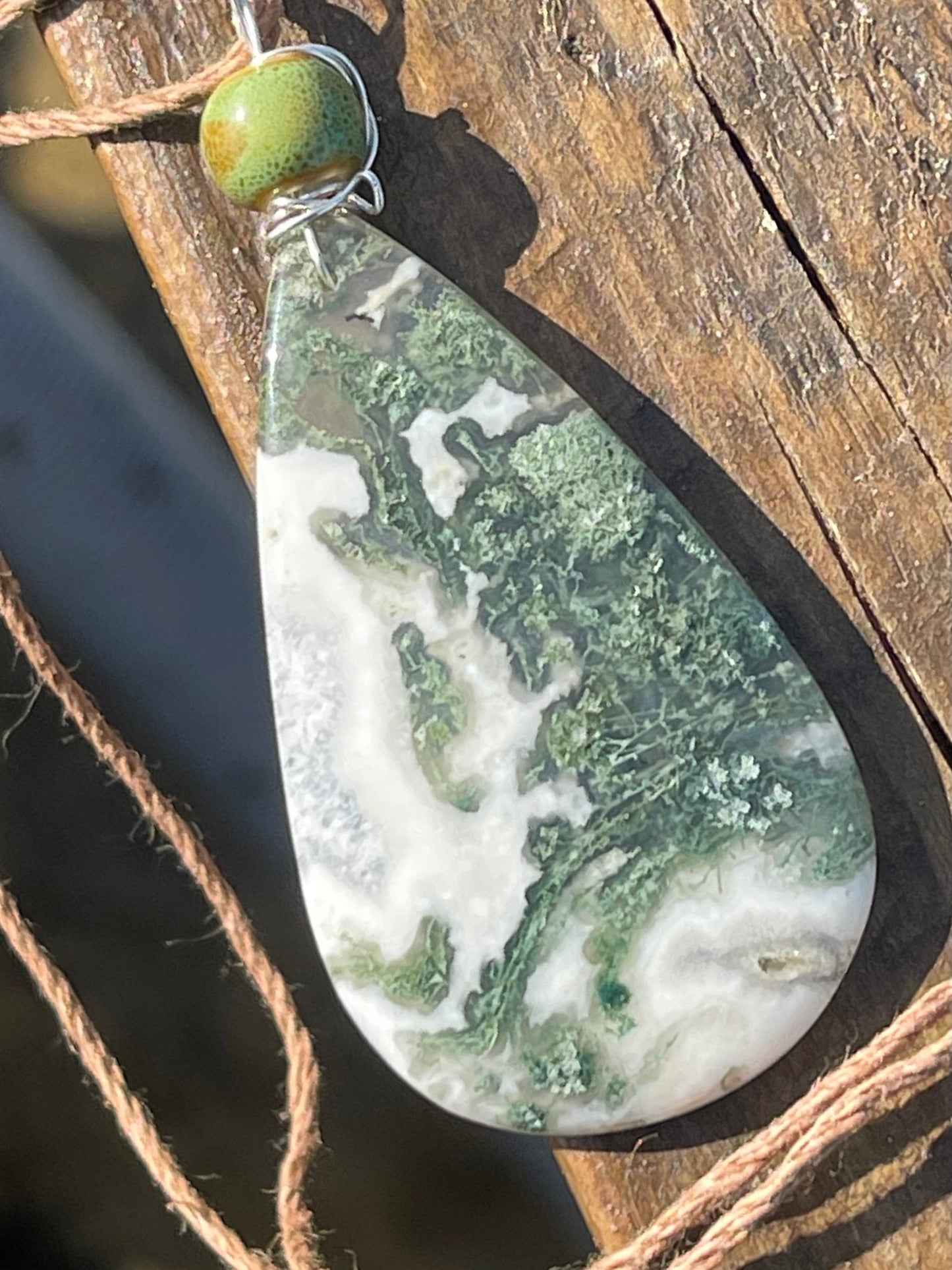 Moss agate necklace, moss agate pendant, large gemstone necklace, green gemstone, gift for gardener. Handmade necklace, boho gift for her