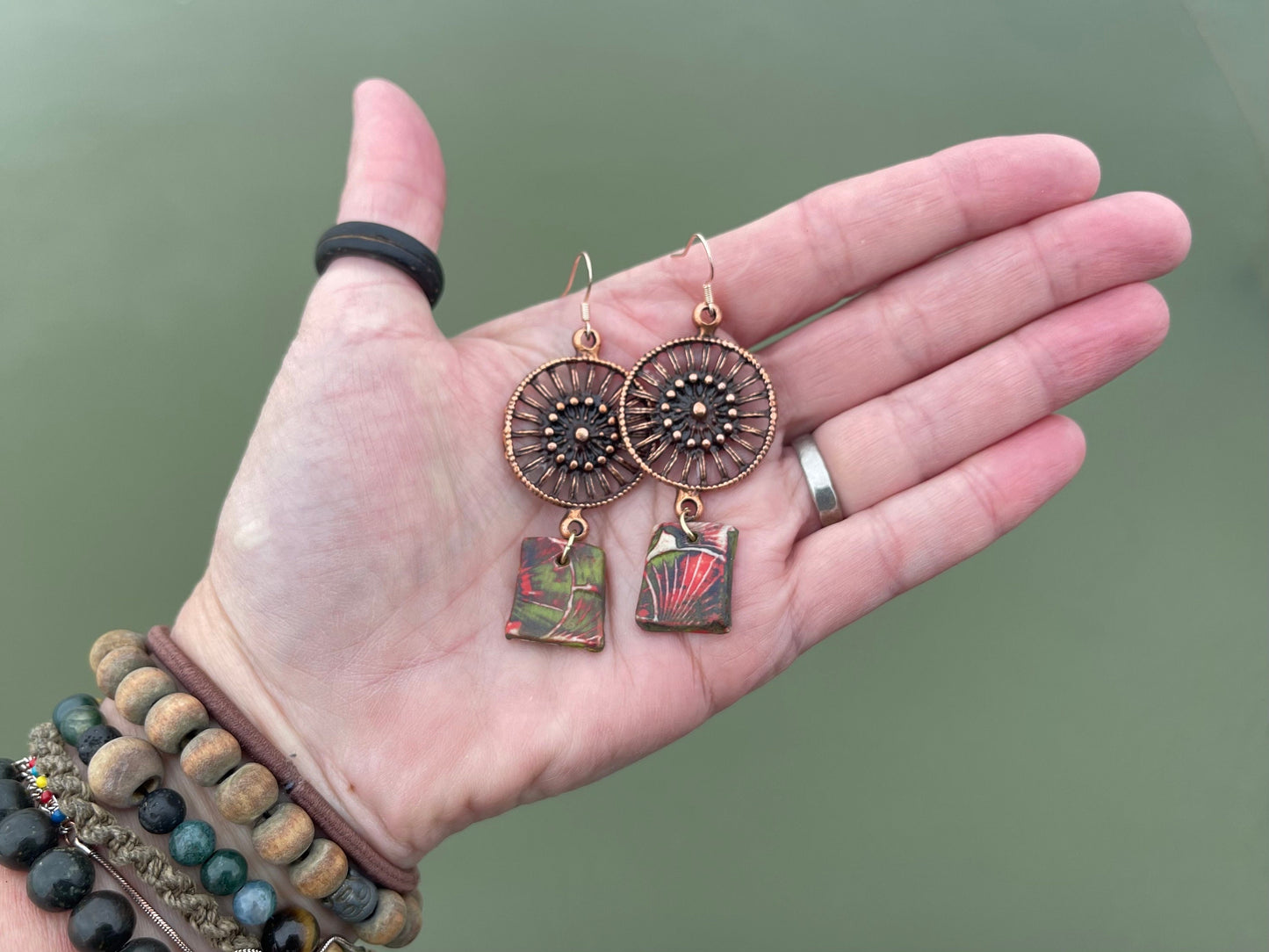 Handmade earrings using Sussex clay. Unique jewellery, ceramic earrings, boho jewellery, boho earrings, unique earrings, unique gift for her
